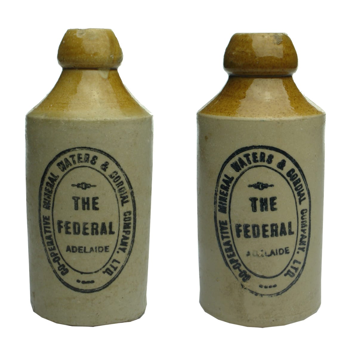2 Ginger Beers. The Federal, Adelaide. Dump. Tan Top. Longer Neck & Shorter Neck. (South Australia)