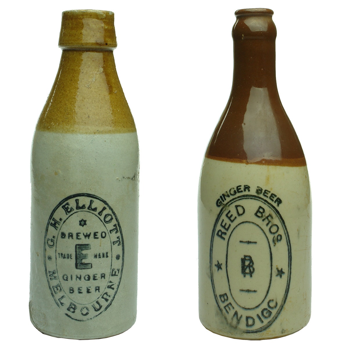 2 Ginger Beers: G. H. Elliott, Melbourne, Elliott's script to back; Reed Bros., Bendigo No potters stamp. (Victoria)