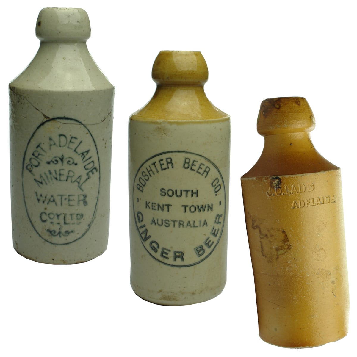 3 Ginger Beers. Port Adelaide Mineral Water Co; Boshter Beer Co., Kent Town; J. O. Ladd Adelaide. (South Australia)