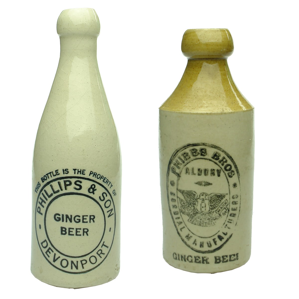 2 Ginger Beers: Phillips & Son, Devonport; Phibbs Bros., Albury. (Tasmania & New South Wales)