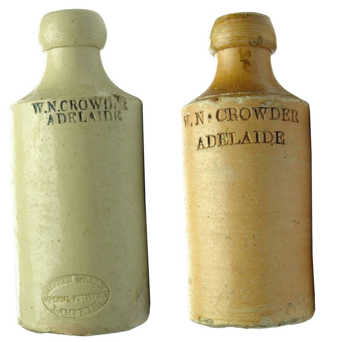 2 Ginger Beers. Both W. N. Crowder, Adelaide. 1. Stephen Green Imperial Potteries Lambeth. 2. Doulton Lambeth. (South Australia)