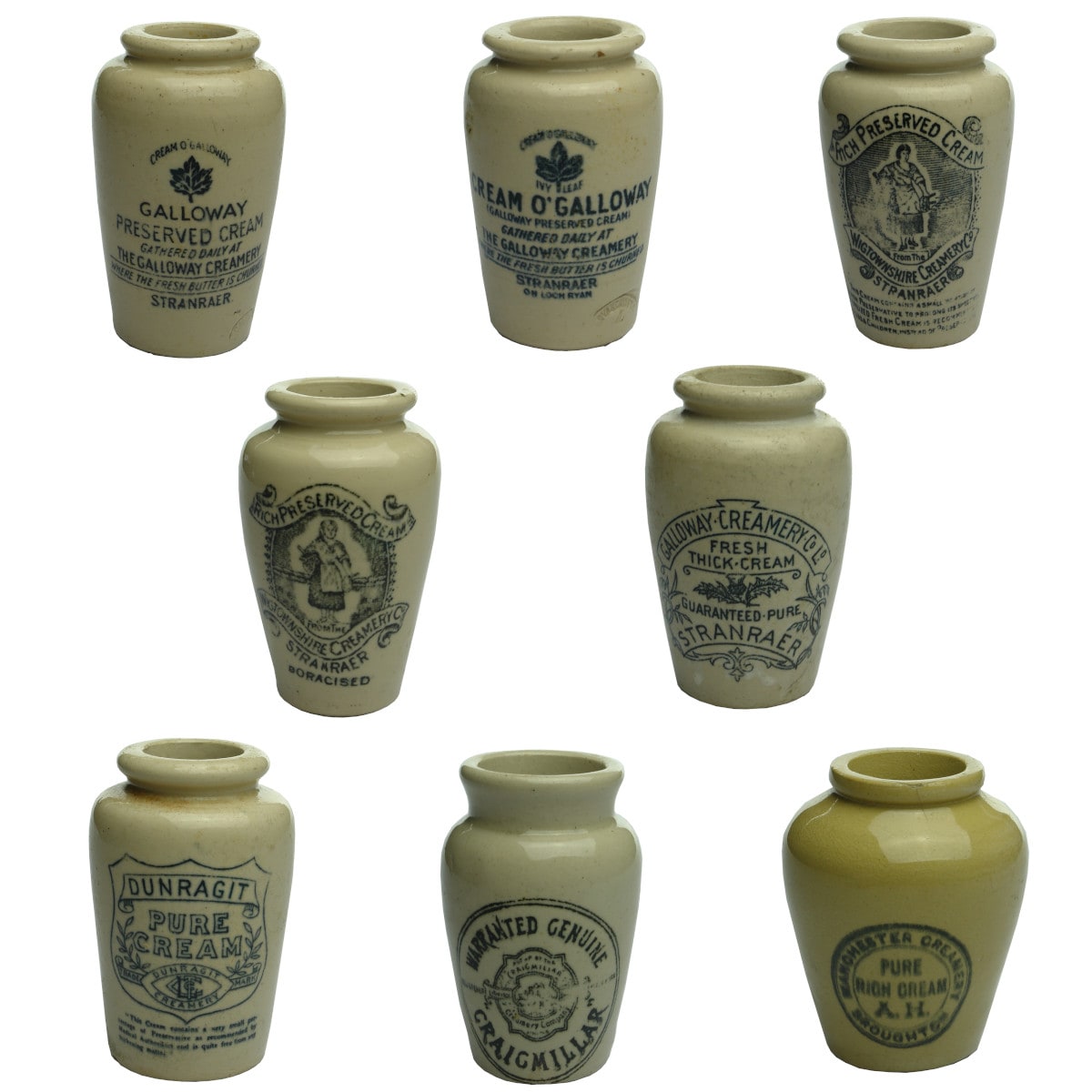 8 Cream Pots. 2 different Cream O'Galloway, Ivy Leaf, The Galloway Creamery, Stranraer, on Loch Ryan; Wigtownshire; Craigmillar; Manchester Creamery; Dunragit.