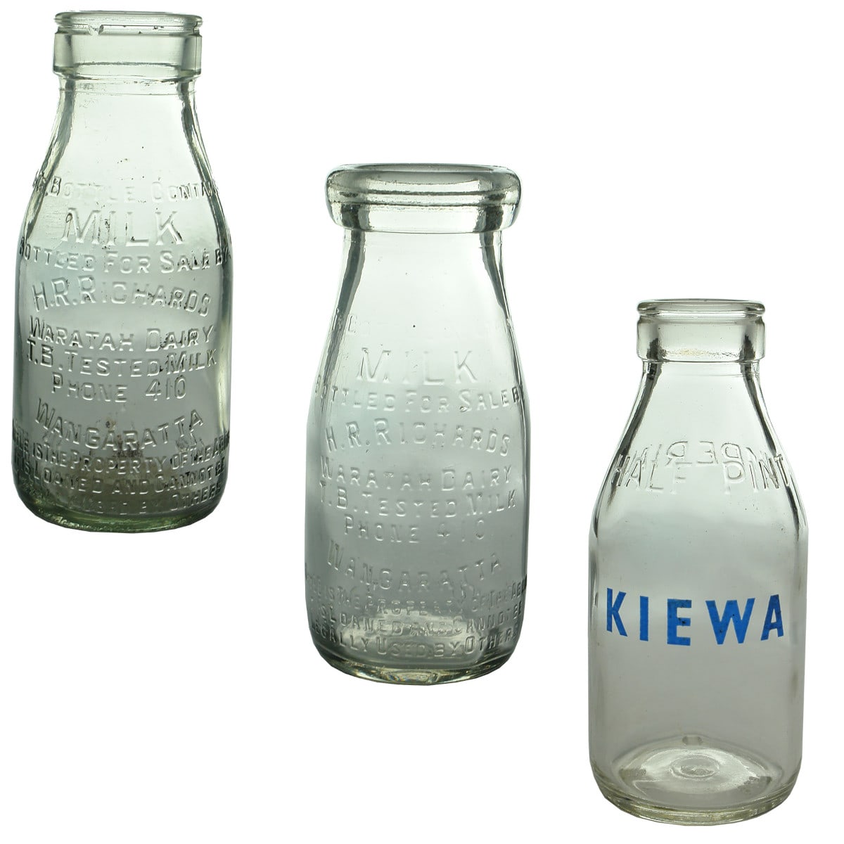 3 Milks. 2 x  H. R. Richards, Waratah Dairy, Wangaratta. Foil top and wide mouth; Kiewa in blue print. Half Pints. (Victoria)