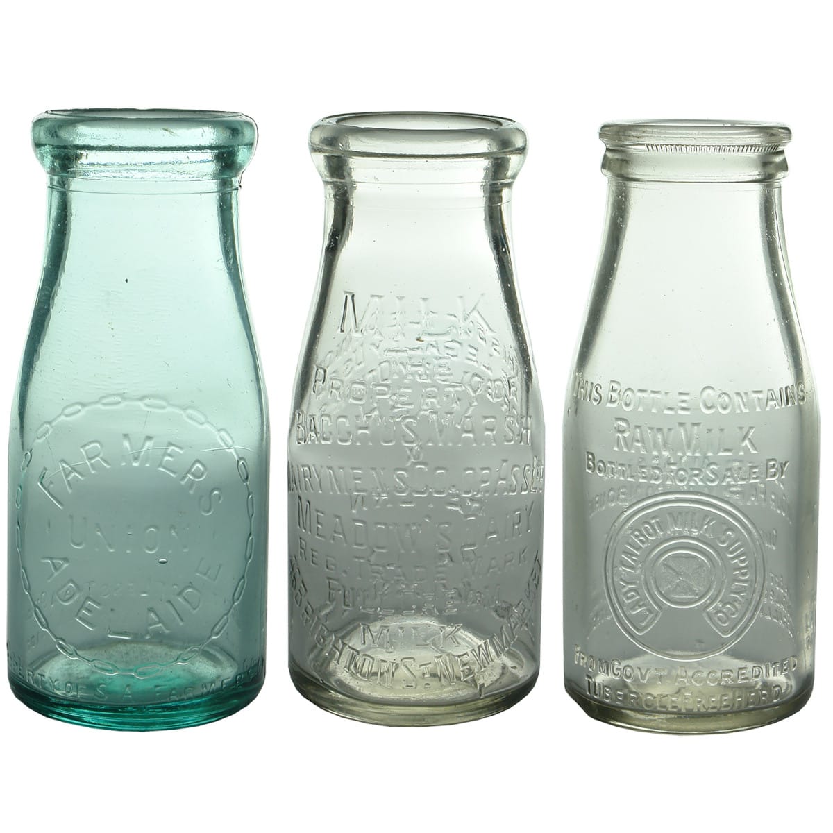3 Half Pint Milks. Farmers Union, Adelaide. Aqua; Bacchus Marsh Dairymens Co-op Association. Meadow's Dairy, Newmarket. Half Pint. Base number: 25; Lady Talbot Milk Supply Co. Raw Milk. Cranbourne. Clear.