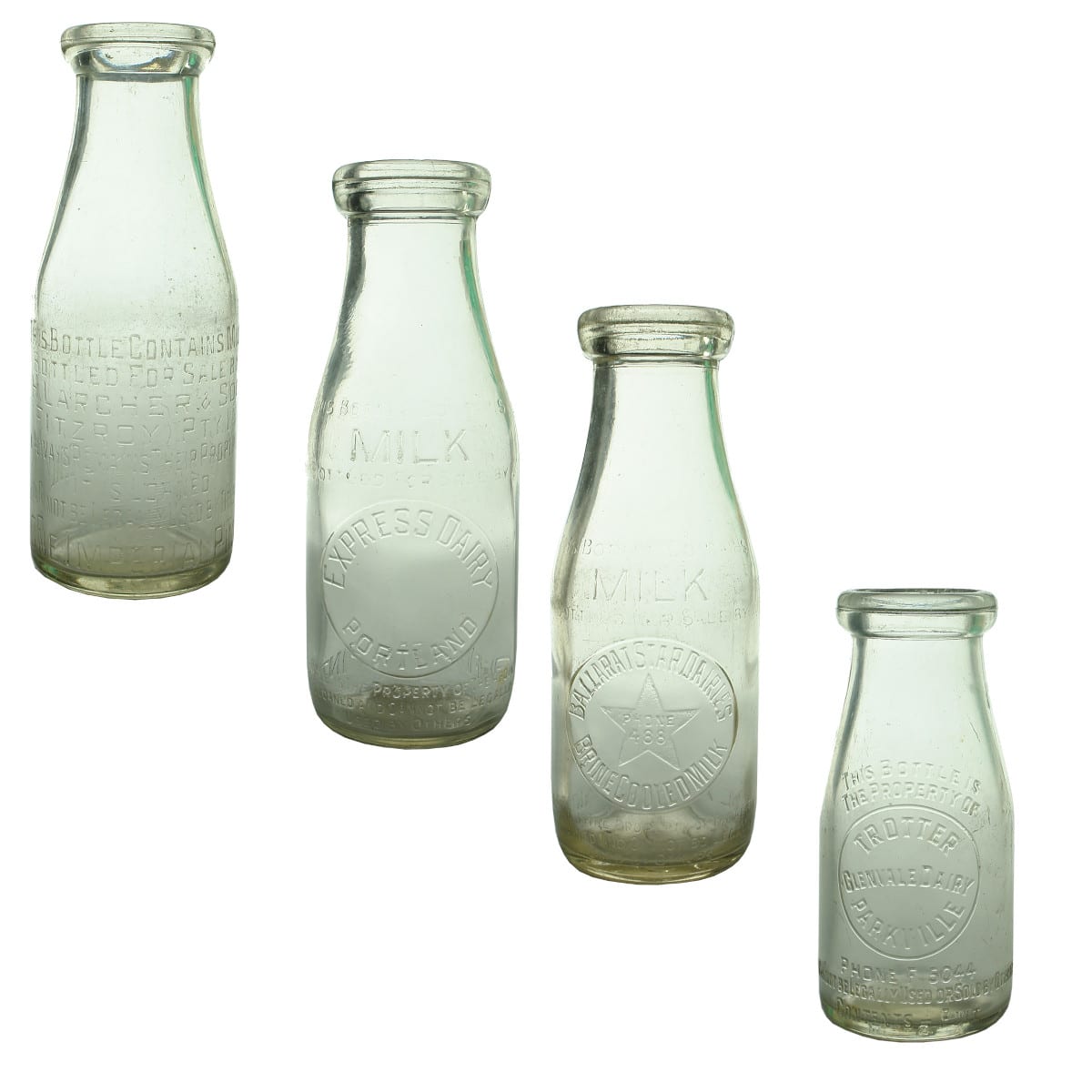 4 Milks. H. Larcher & Son (Fitzroy) Pty. Ltd; Express Dairy Portland; Ballarat Star Dairies; Trotter, Glenvale Dairy, Parkville. Pint & Half Pints. (Victoria)