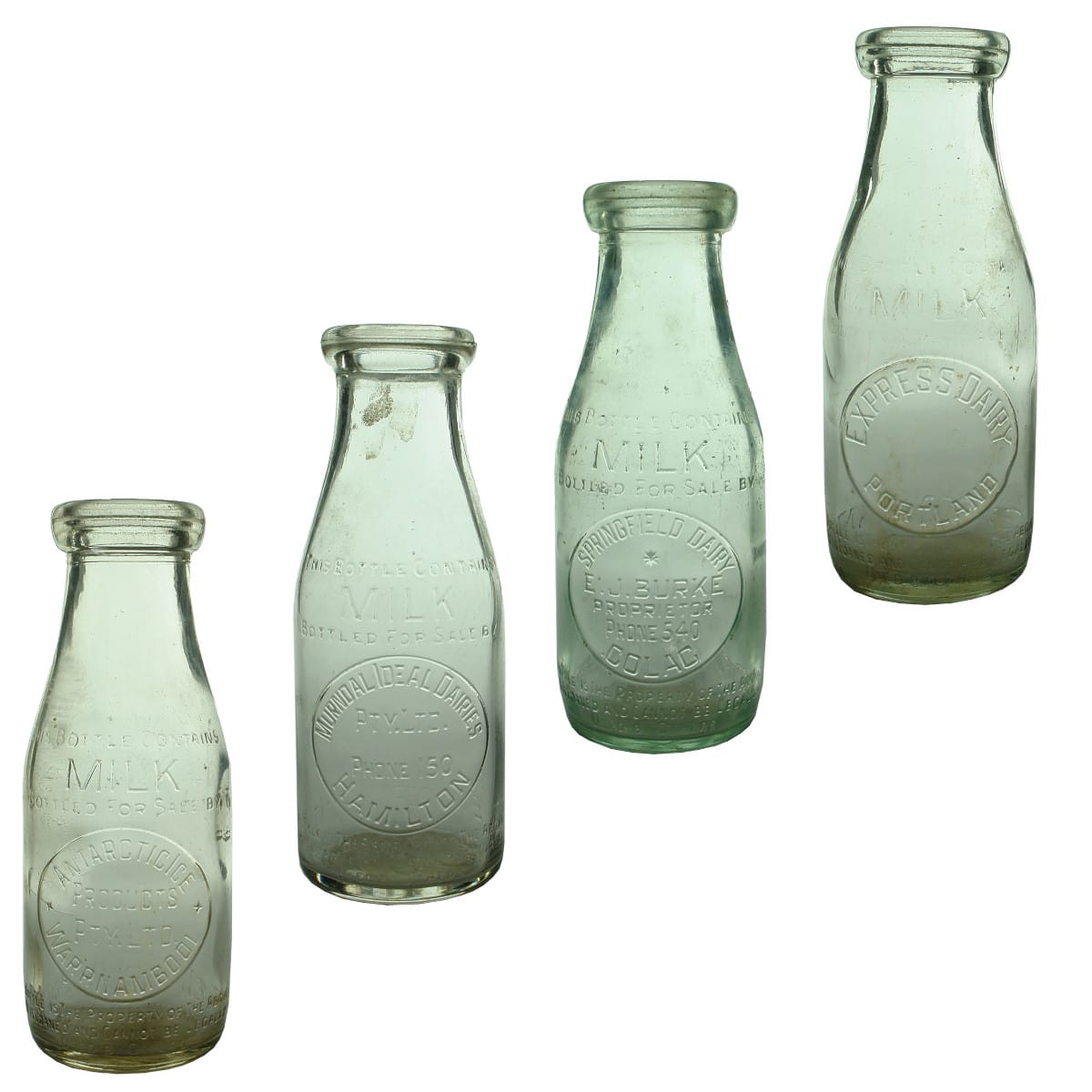 Milks. 1. Antarctic Ice Products Pty. Ltd., Warrnambool. Wad Lip. Clear. 1 Pint. Base: 497. 2. Murndal Ideal Dairies Pty Ltd., Hamilton. Wad Lip. Clear. 1 Pint. Base: 501. 3. Springfield Dairy, E. J. Burke, Colac. Wad Lip. Clear. 1 Pint. Base: 564. 4. Express Dairy, Portland. Wad Lip. Clear. 1 Pint. Base: 571. (Victoria)