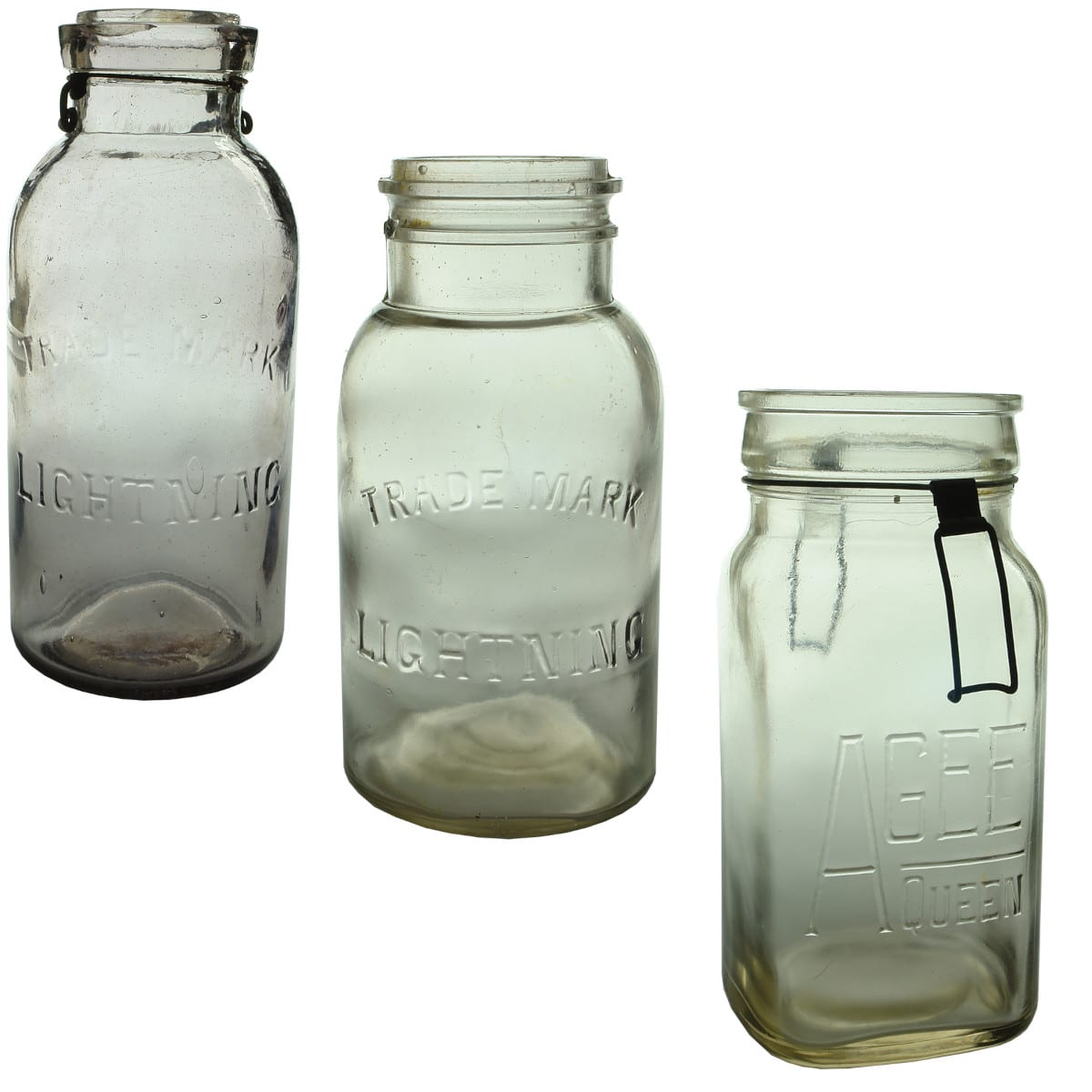 3 Preserving Jars: HG Trade Mark Lightning; Quart Trade Mark Lightning; Quart AGEE Queen.