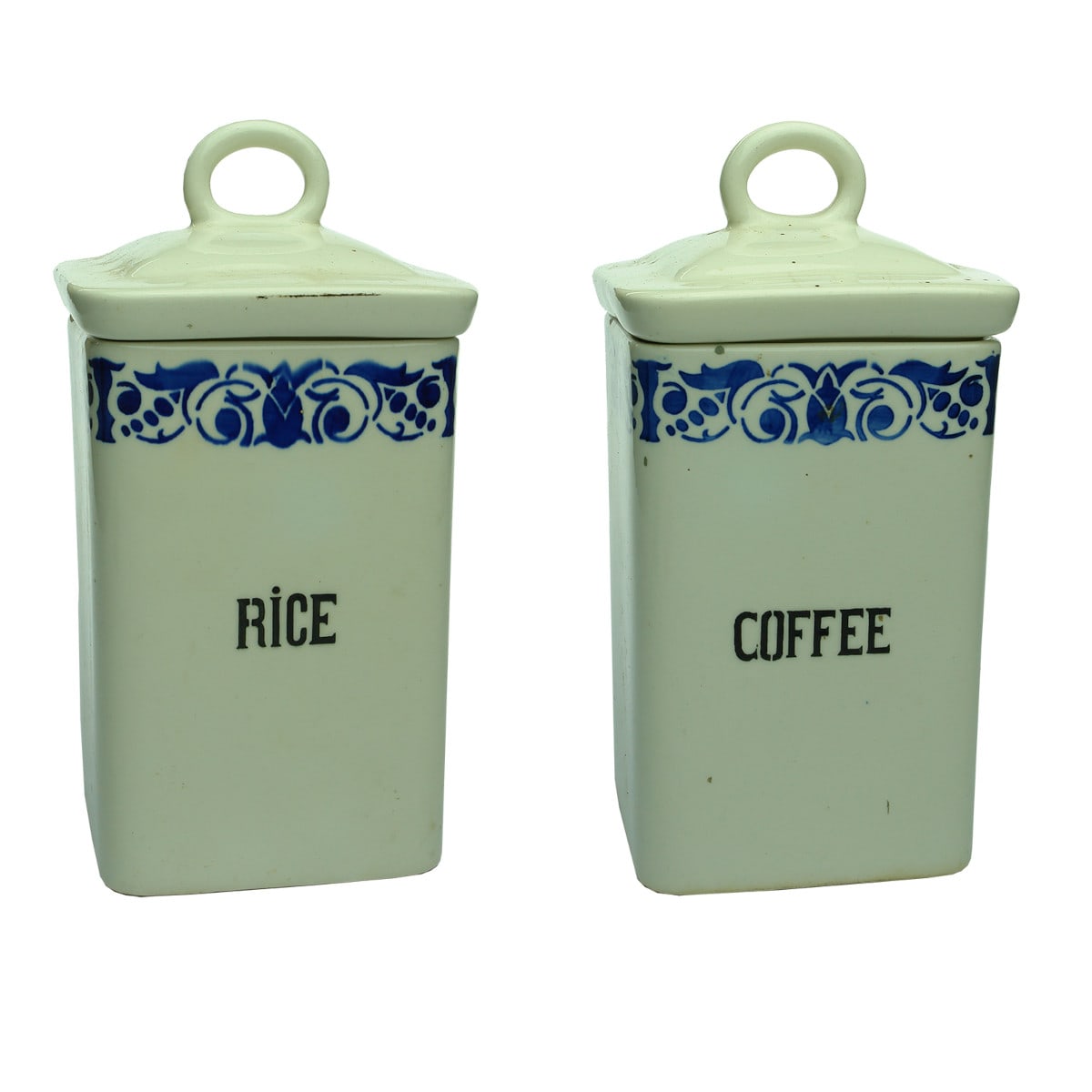 Pair of moulded ceramic kitchen containers. Rice & Coffee. Made in Germany.