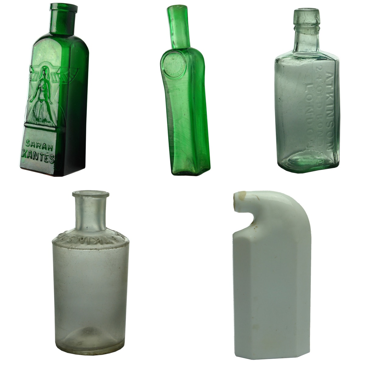 5 Bottles. 4 Perfumes & Mouthwash. Sarah Xantes; Finest British Manufacture; 2 x Atkinson; Odol.