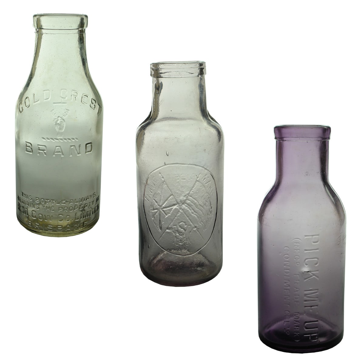 3 Pickles: Gold Crest Brand; W M Southan Crossed Flags; Pick Me Up Condiment Co.
