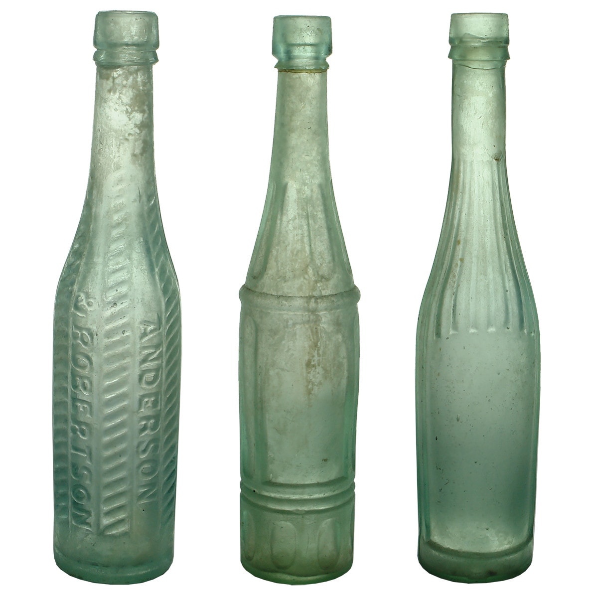 3 Salad Oils. Anderson & Robertson. Herringbone pattern; Indented panels around body and shoulder; Ribbed with label space to one side.