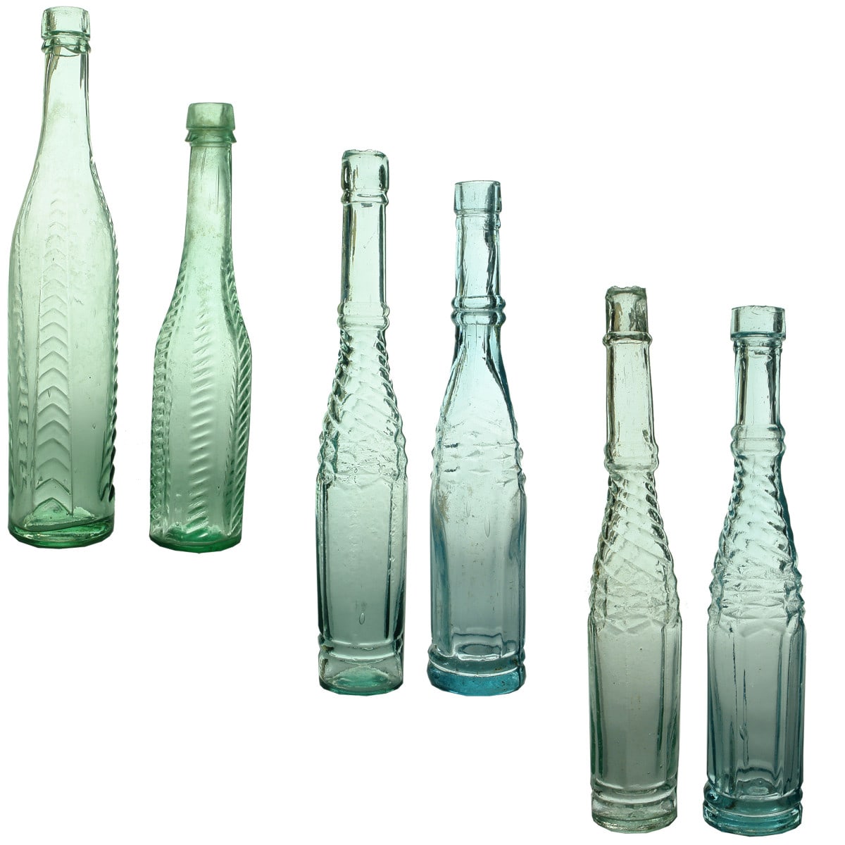 6 Salad Oils. 10 oz Chevron pattern; 5 oz Herringbone; 4 Whirly Salad Oils. 2 x Shear top; 2 x Tool finished tops.
