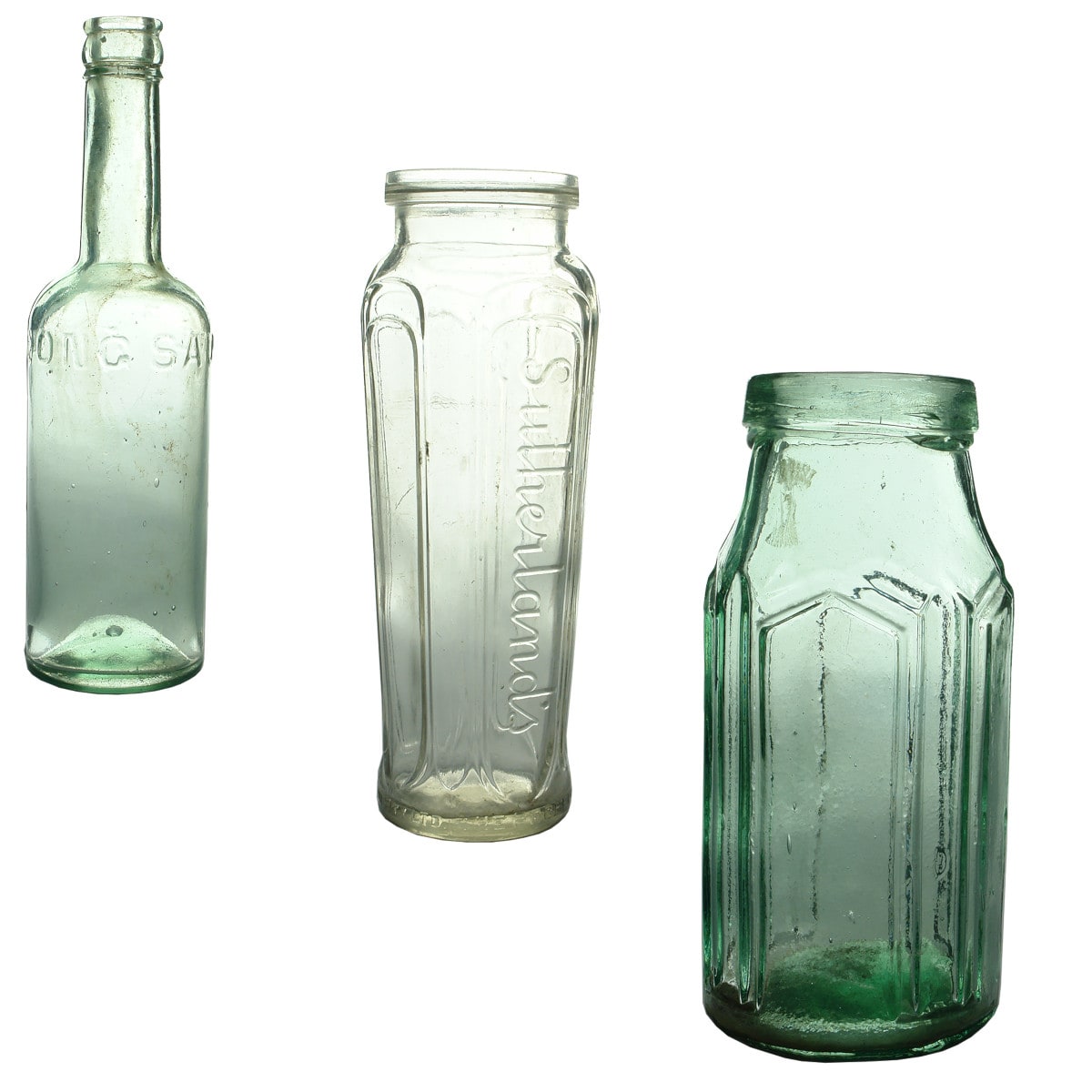 3 Household Bottles: Bogong Sauce; Fancy John Sutherland & Sons Pickle; George Whybrow pattern pickle.