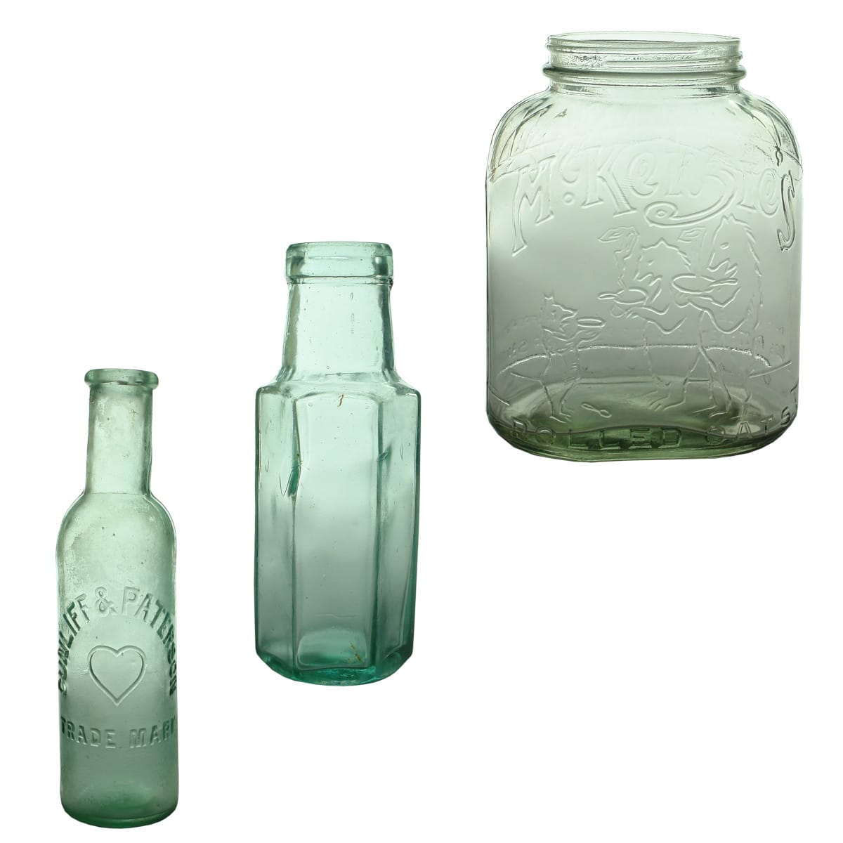 3 Household Bottles: Cunliff & Paterson Chutney; Hexagonal Pickle; McKenzie's Rolled Oats Jar.
