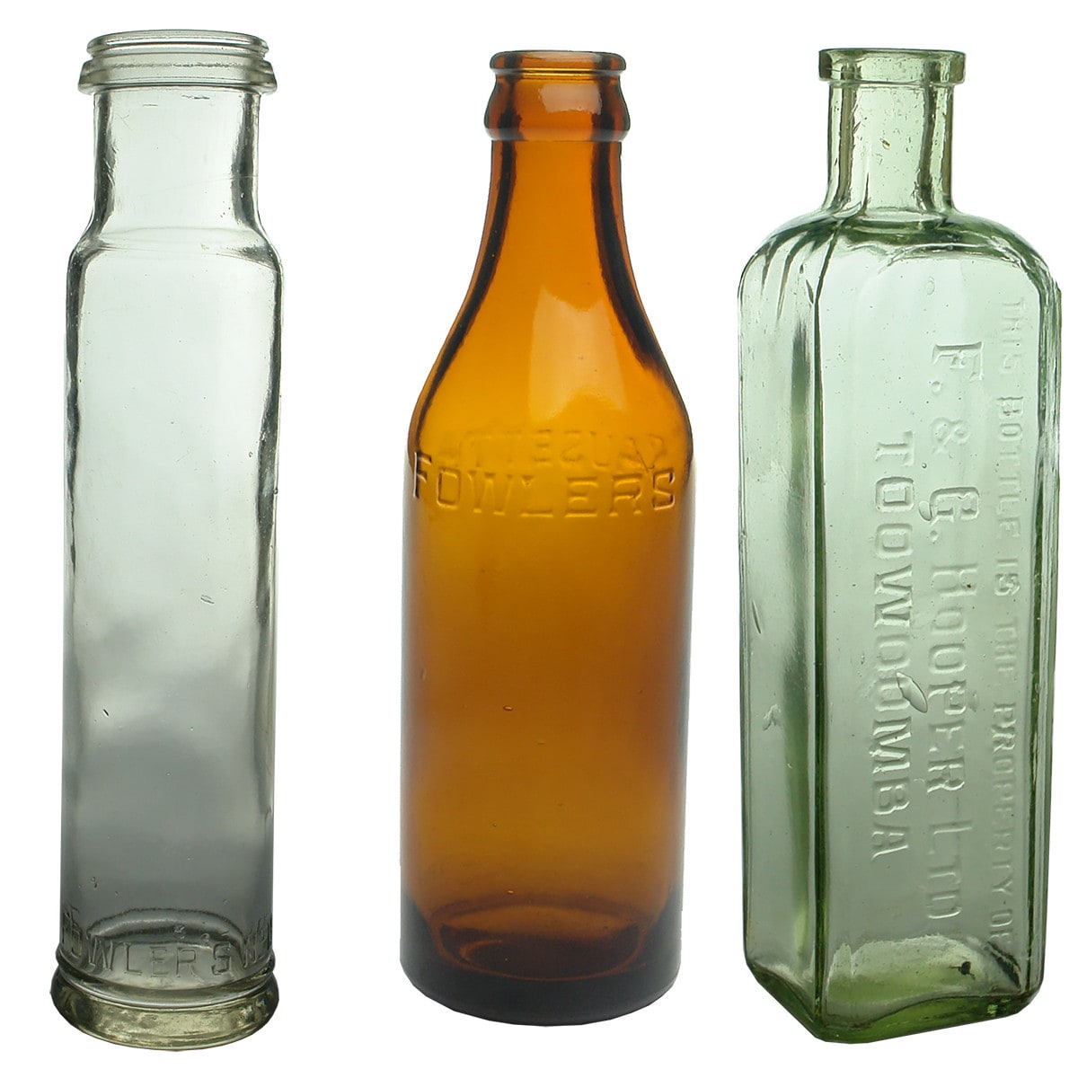 3 Household Bottles: Fowler's No 19; Fowlers Sausetta; F. & G. Hooper Toowoomba Cordial essence.