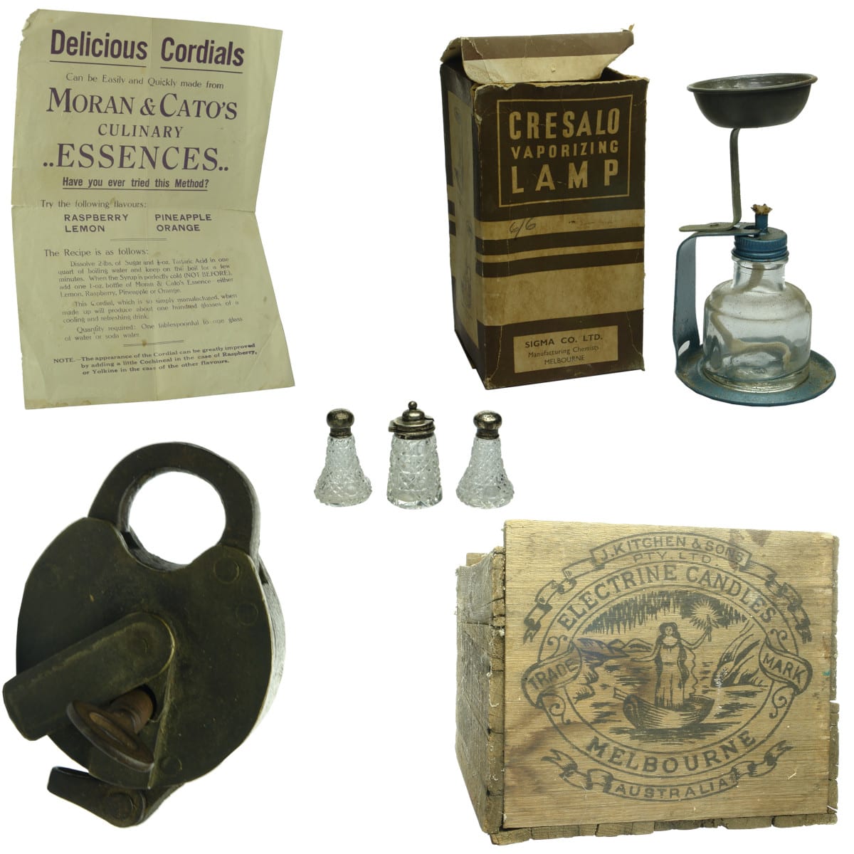 5 Pieces: Moran & Cato Flyer; Cresalo Lamp; Padlock & Key; Kitchen Electrine Candles Box; Cut Glass salt cellars.