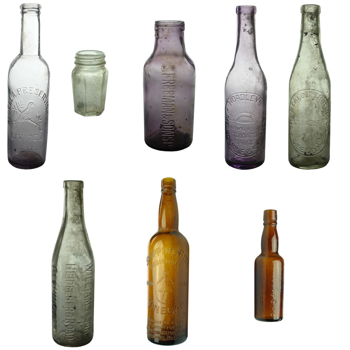 8 Household Bottles: Rosella Chutney; Macrobertson Jar; Freeman Pickle; Hoadley's Sauce; Beacon Geelong sauce; Williams Alphington Sauce; Skittling Girl Vinegar 26 oz; Sample Skipping Girl Vinegar.