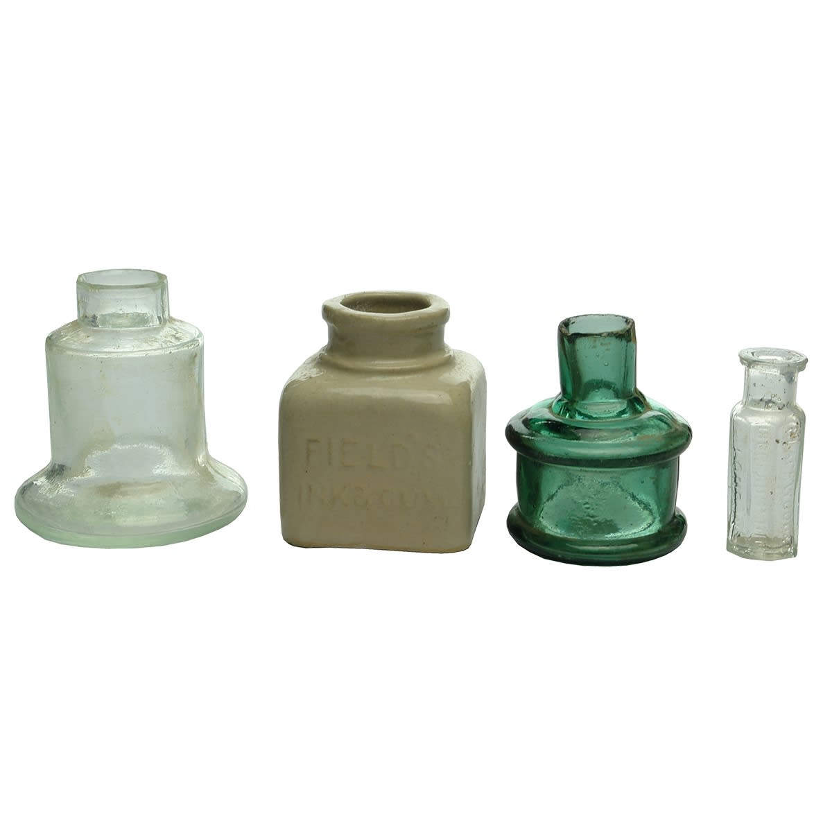 4 Inks. Stephens Bell ink; Field's Ink & Gum moulded ceramic ink; Green cotton reel ink; Blackwood London octagonal.