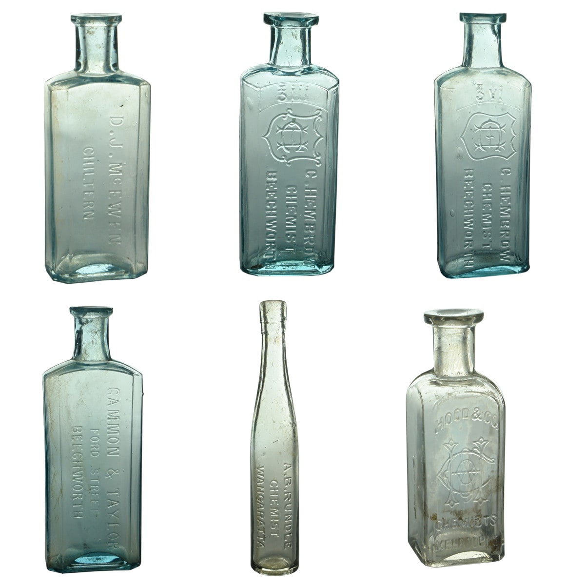 6 Chemists. D. J. McEwen, Chiltern; 2 x C. Hembrow, Beechworth; Gammon & Taylor; A. B. Rundle Wangaratta; Hood & Co Melbourne. (Victoria)