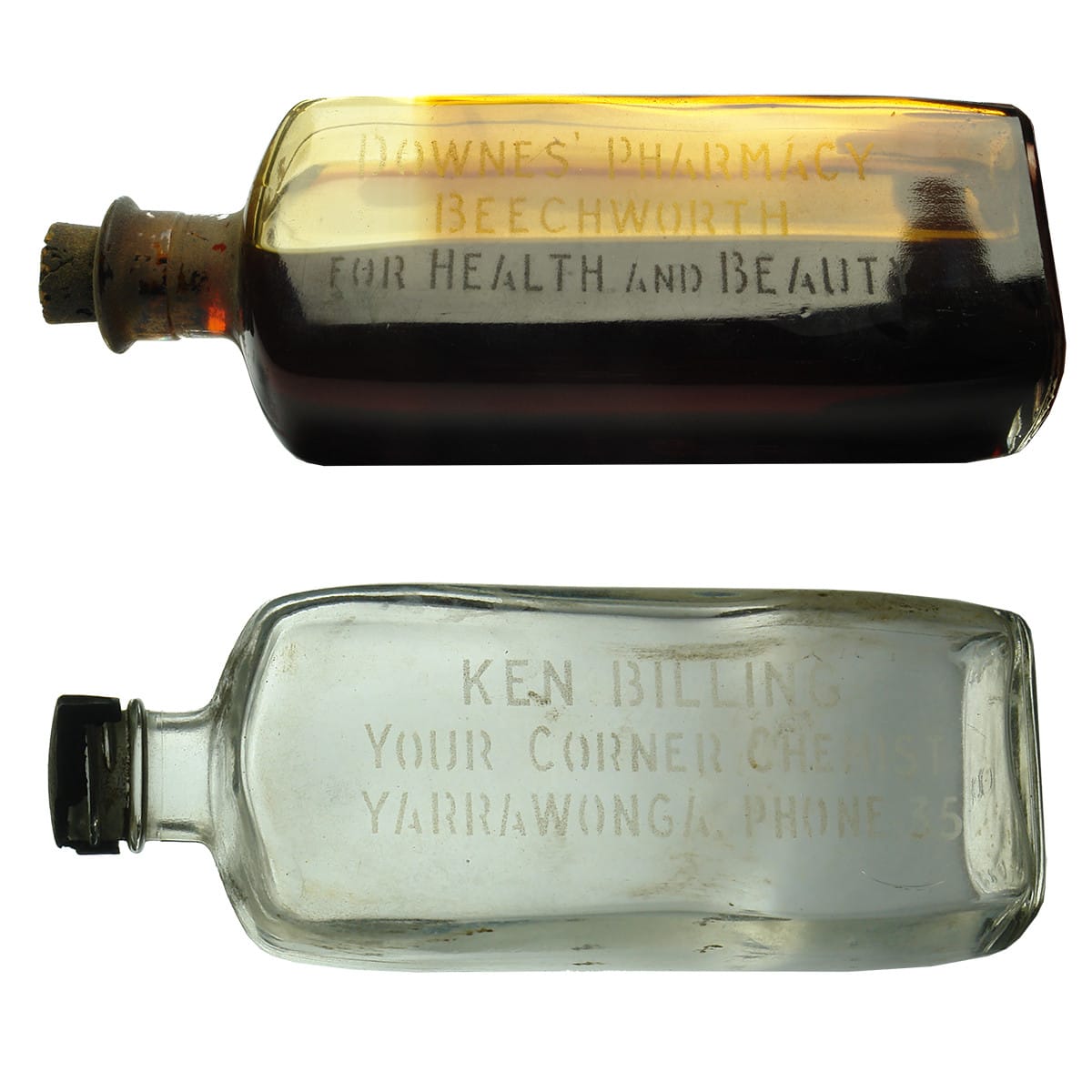 2 Chemists. Downes' Pharmacy Beechworth for Health and Beauty; Ken Billing, Your Corner Chemist, Yarrawonga. Sandblasted. 8 oz. Cork & Screw thread top. (Victoria)