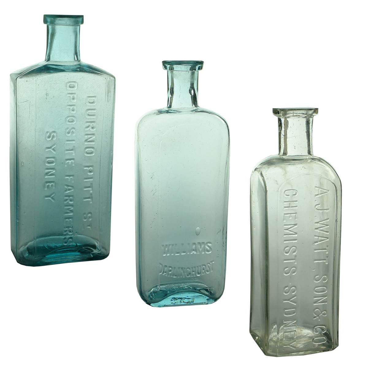 3 Chemists. Durno. Pitt St, Opposite Farmer's, Sydney. Maw base mark. Blue Aqua. 10 oz. 179 mm; Williams, Darlinghurst. Maw base mark. 10 oz. 172 mm; A. J. Watt, Son & Co., Sydney. Clear. 8 oz. 160 mm. (New South Wales)