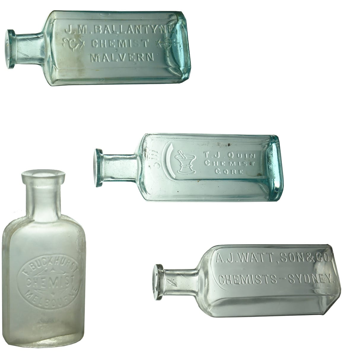 4 Chemists. J. M. Ballantyne, Malvern. Aqua. 2 oz. 123 mm; . J. Quin, Gore. Mortar & Pestle. 3 oz. 128 mm; F. Buckhurst, Melbourne. Fancy strap sided shape. Whitall Tatum. Clear. 1 oz. 78 mm; A. J. Watt, Son & Co., Chemists, Sydney. Clear. 2 oz. 121 mm.