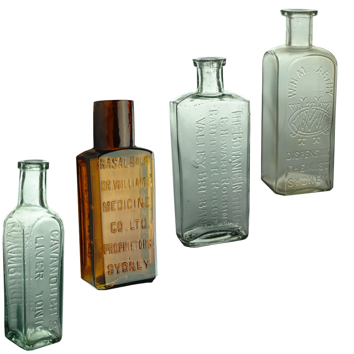 4 Chemist Bottles: Cavanough's Liver Tonic; Dr Williams Nasal Balsam; The Botanic Institute, Garfield Robbins; W. H. McCarthy Sydney.