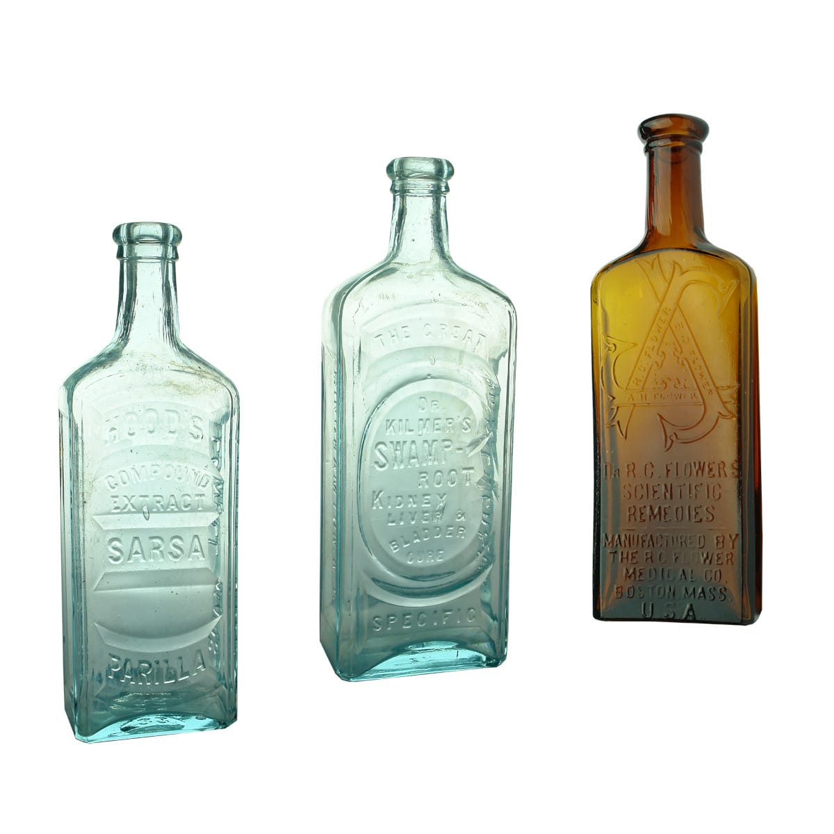 3 Cures. Hood's Compound Extract Sarsaparilla. C. I. Hood & Co. Lowell. 226 mm; Dr. Kilmer's Swamp Root Kidney Liver & Bladder Cure. Binghamton, New York. 210 mm; Dr R. C. Flowers Scientific Remedies. Boston USA. 185 mm.