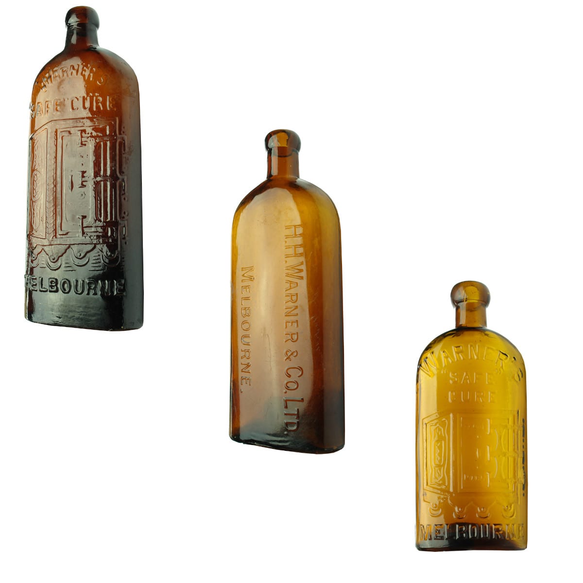 3 different Melbourne Warners. Pint Safe Cure; Pint H. H. Warner & Co Ltd Melbourne; Half Pint Safe Cure. (Victoria)