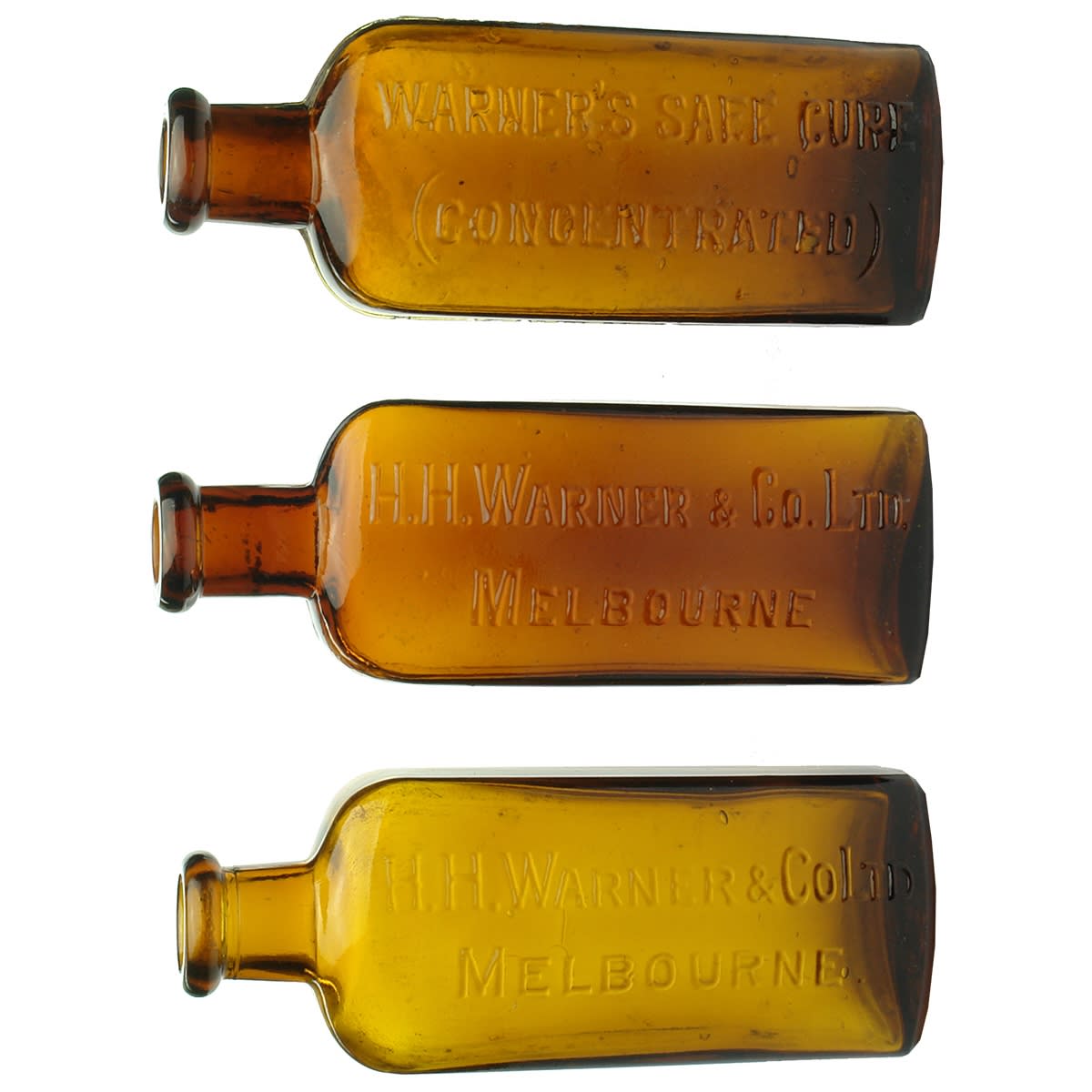 3 Small Warners: 2 variations of H. H. Warner & Co Ltd Melbourne; 1 x Warners Saee Cure (Yes Safe is spelled Saee on the bottle)