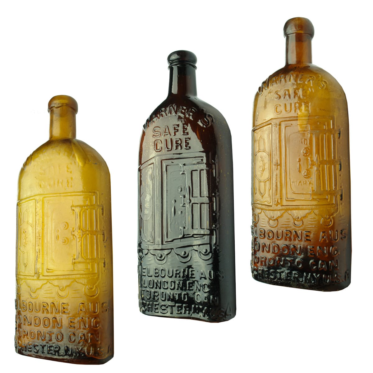 3 variations of Four Cities Warners Safe Cure. Different tops, shades of Amber and styles of embossing.