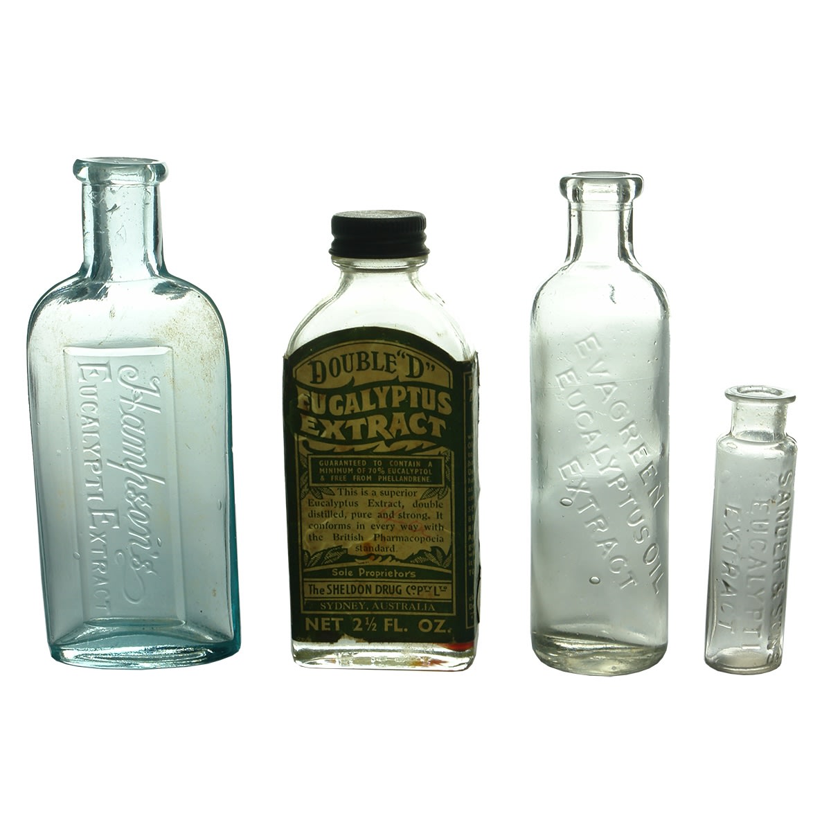 4 Eucalyptus Oil Bottles: Hampson's; Evagreen; Sheldon Drug Co Pty Ltd Double D; Sander & Sons.