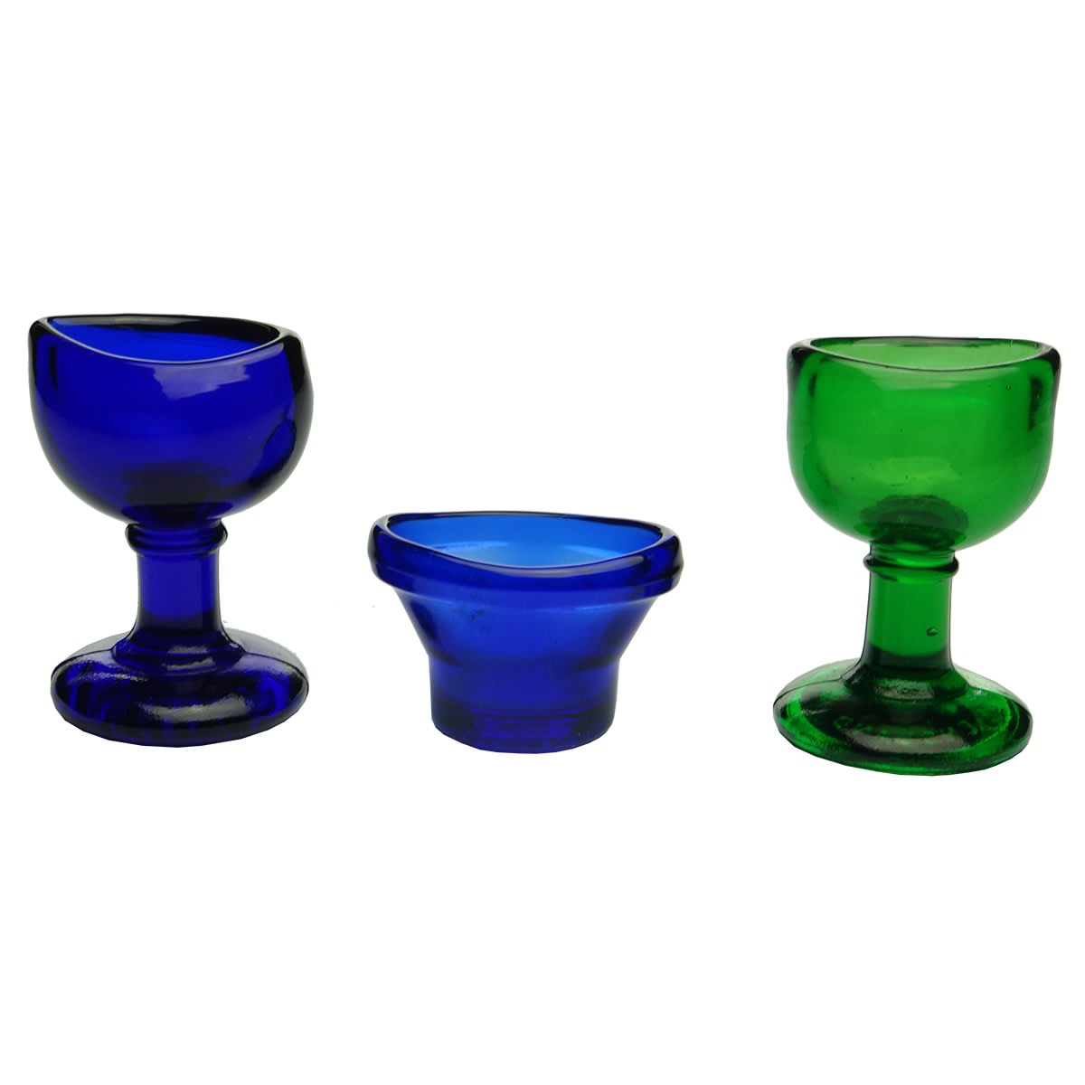 3 Eye Baths: 2 x Made in England with Wood Bros logo on base, green & Blue; 1 x Optrex.