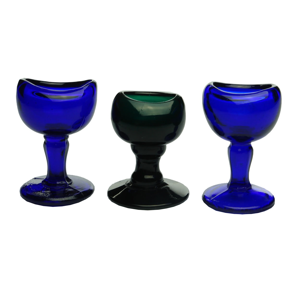 3 Eye Baths: Cobalt Blue John Bull; Cobalt Blue unmarked; Emerald Green unmarked.
