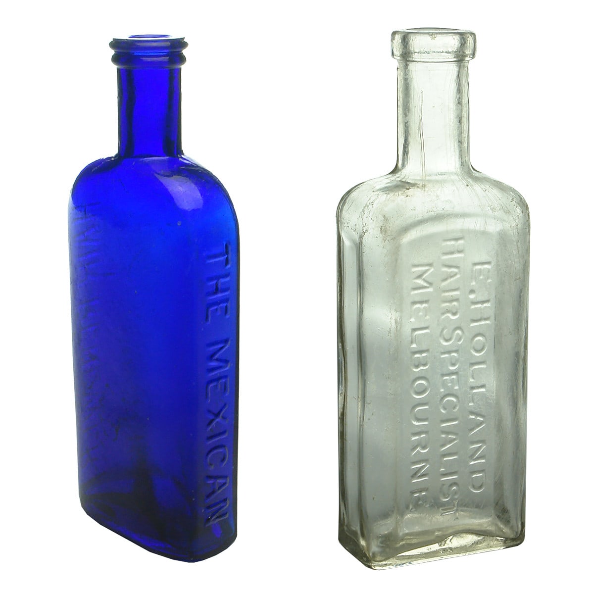 2 Hair Restorers. The Mexican Hair Renewer. Cobalt Blue. 10 oz; E. Holland, Hair Specialist, Melbourne. Later type. (Victoria)