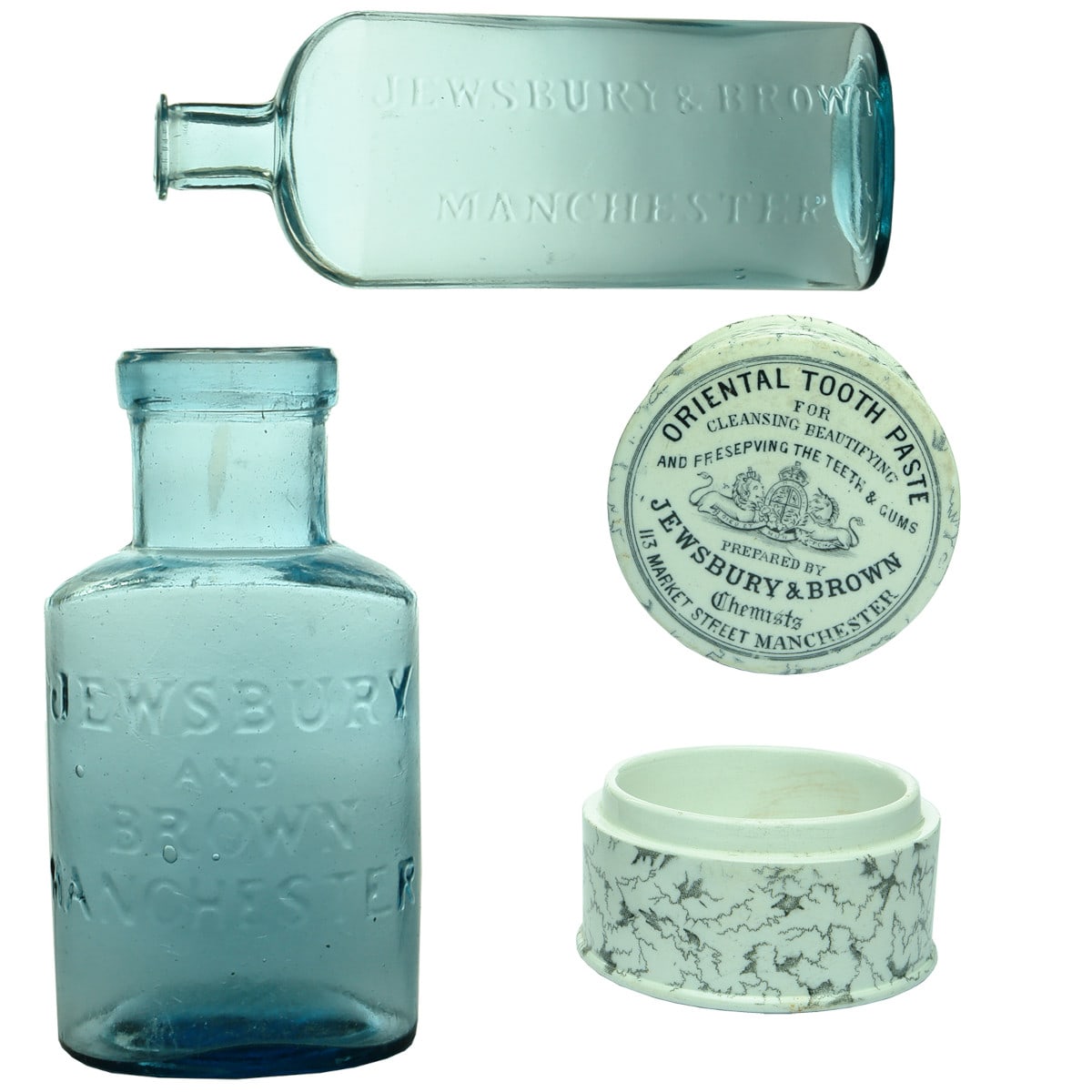 5 Items: 2 Chemist types from Jewsbury & Brown Manchester. Oval Ice blue; Pot Lid & 2 Bases. Jewsbury & Brown Oriental Tooth Paste. 113 Market Street Manchester. 2 Patterned bases, one fits well other is slightly too large. (UK)
