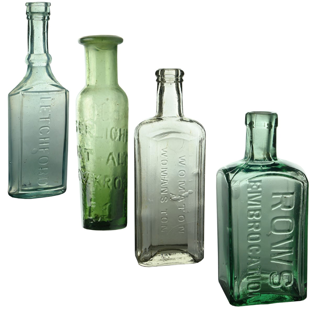 4 Bottles: Hair Oil. Letchford; Altona Drops. Kronessent; Womaton, A Woman's Tonic; Rows Embrocation.