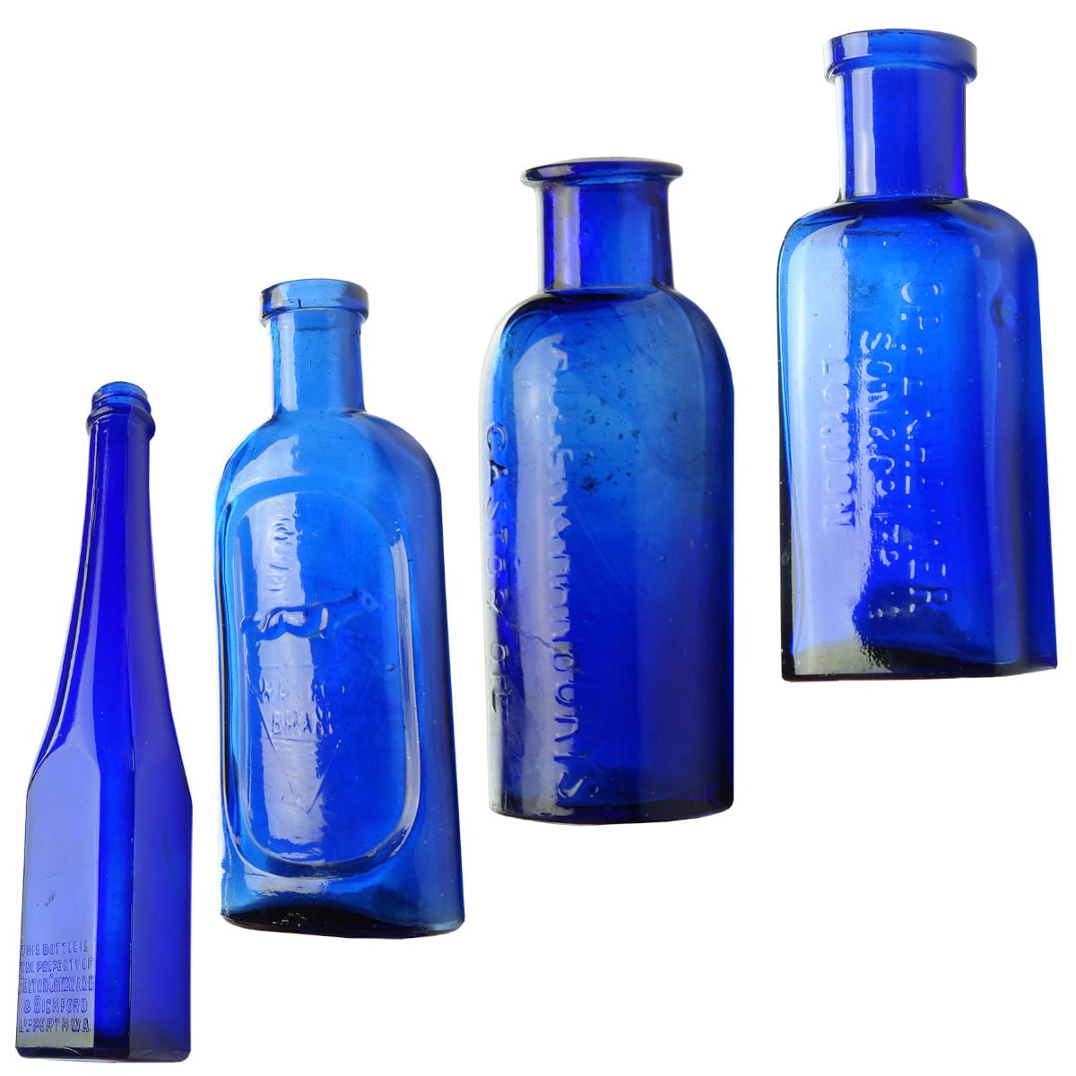 4 Blue Bottles. Castor Oil. Felton Grimwade & Bickford Ltd Perth WA; Walfox Brand; Allen & Hanbury's; Oppenheimer & Son London.