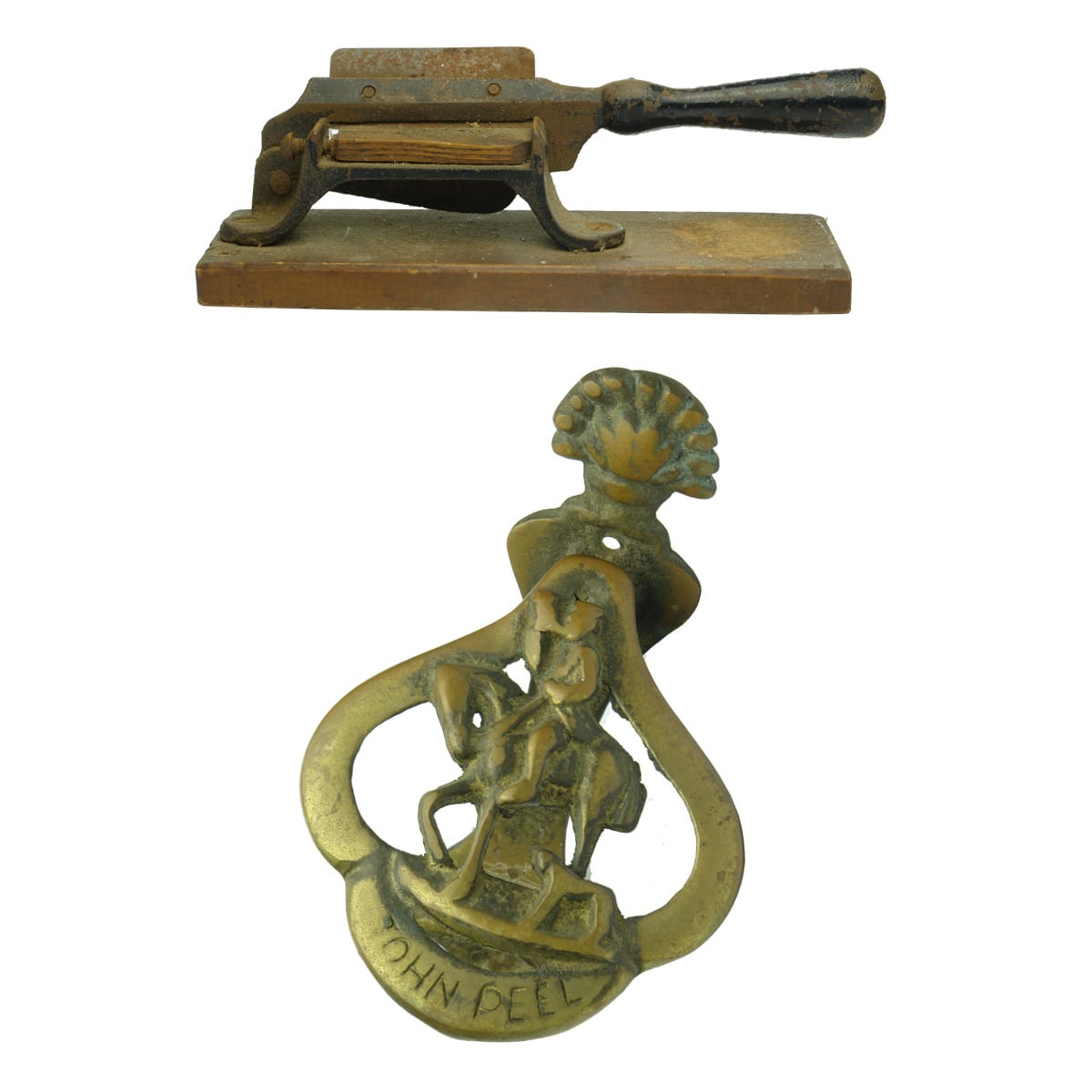 2 Items: Cigar Cutter on wooden base and Brass John Peel Door Knocker.