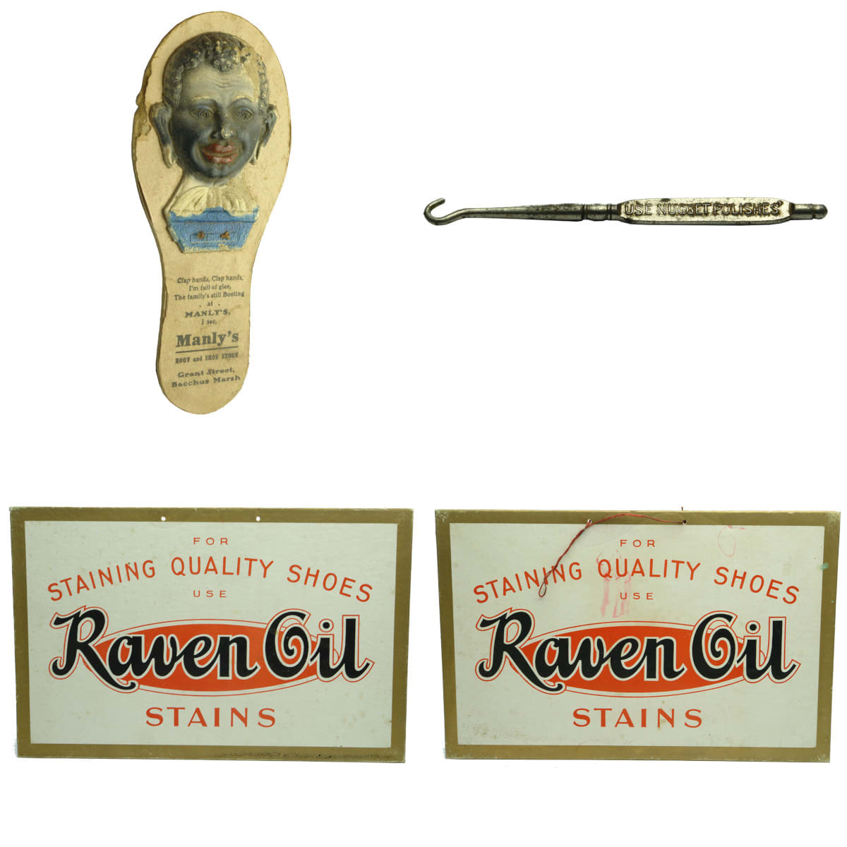 4 Boot & Boot Polish related items: 1. Manly's Boot and Shoe Store, Grant Street, Bacchus Marsh Advertising Clapper with Black Man.2. Nugget Polishes Boot Lace Hook. 3. & 4. Pair of small cardboard Raven Oil Stains Shoe Polish Signs. (Bulley & Co., Melbourne, Victoria)