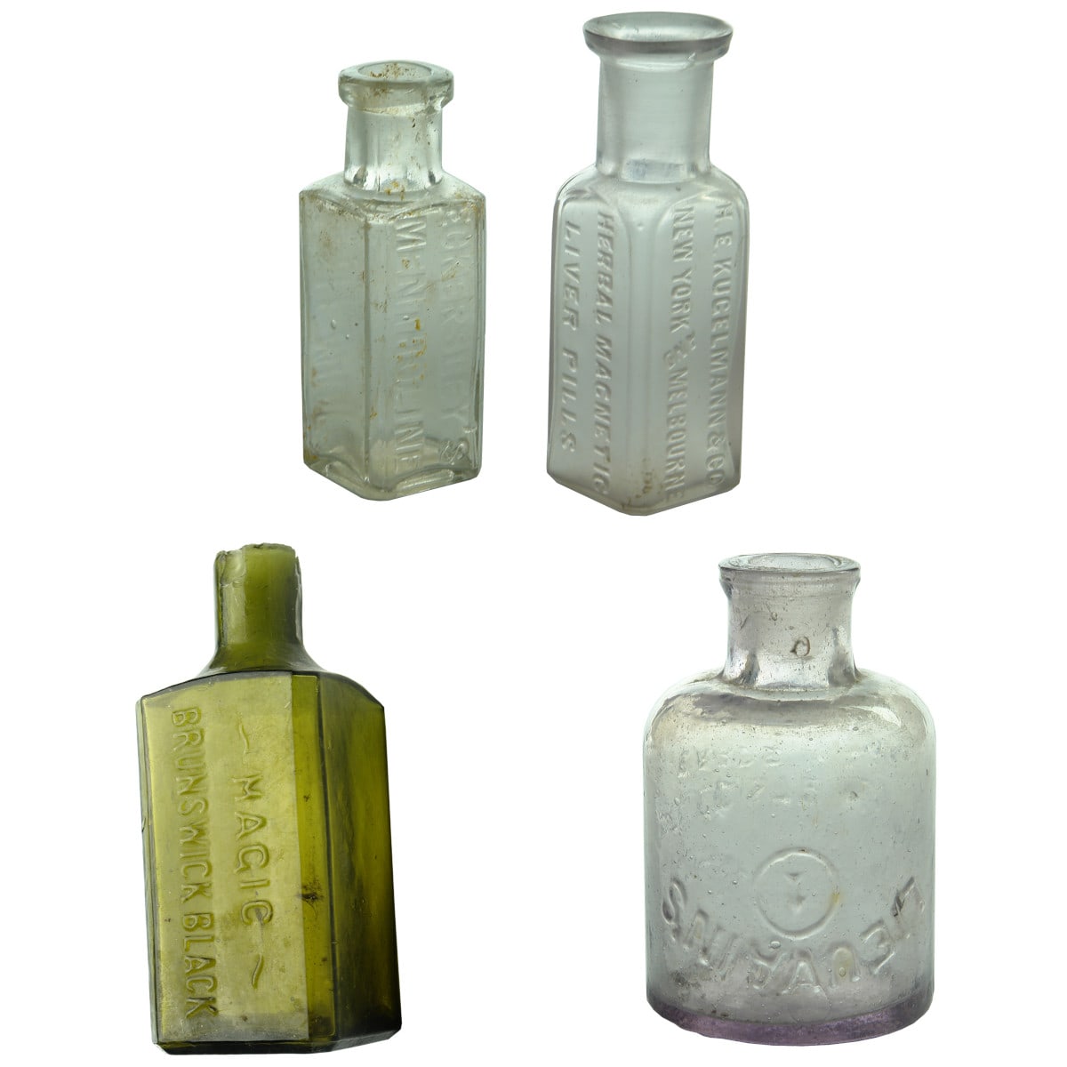 4 bottles: H. E. Kugelmann & Co Herbal Magnetic Liver Pills; Eckersley's Mentholine; Magic Brunswick Black. Olive Green; Lieuvain's, The "Needle" Lubricator.