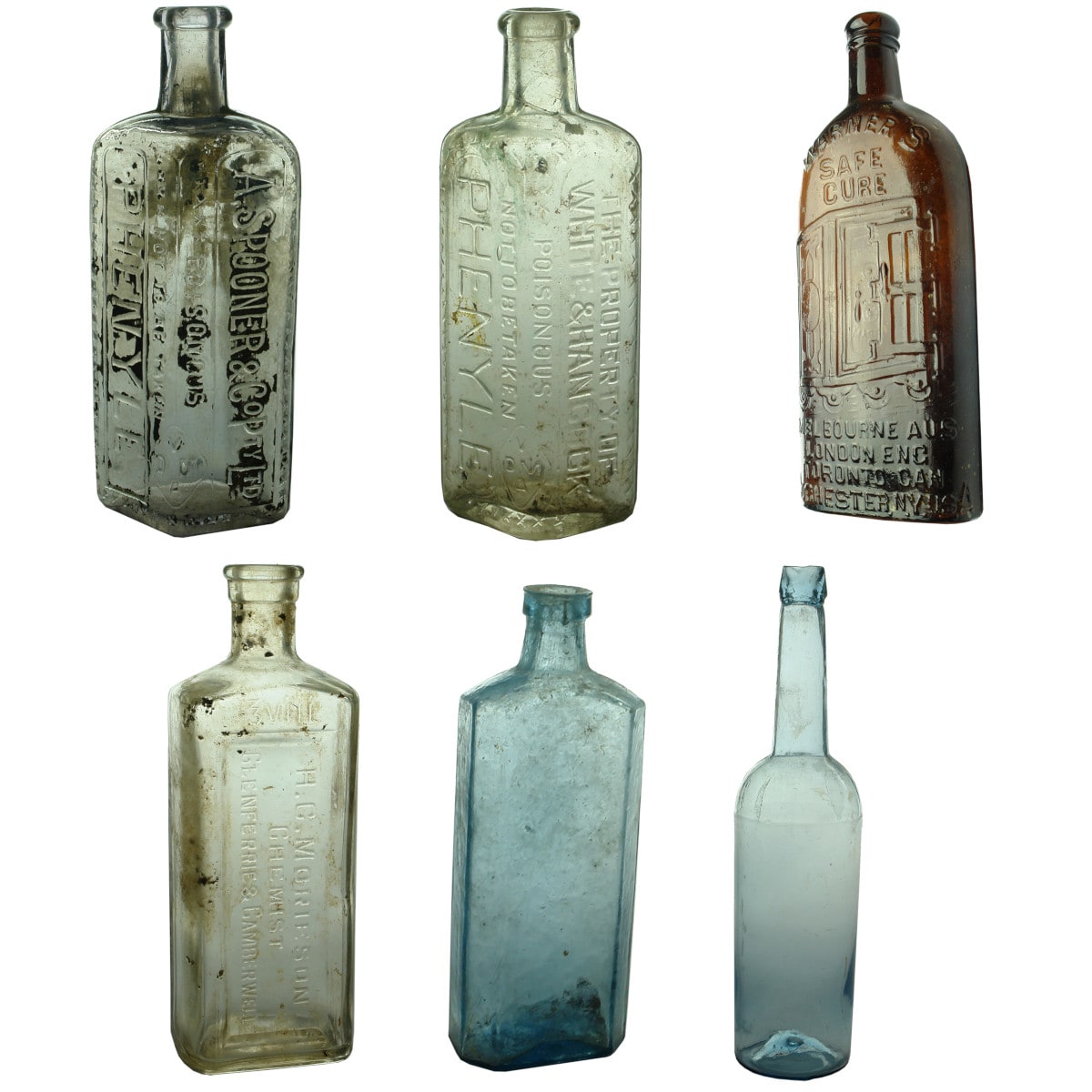 6 Bottles: Spooner Phenyle; White & Hancock Phenyle; Warners Safe Cure; Morieson Glenferrie & Camberwell Chemist; Plain early blue chemist.; Goldfields ice blue castor oil.