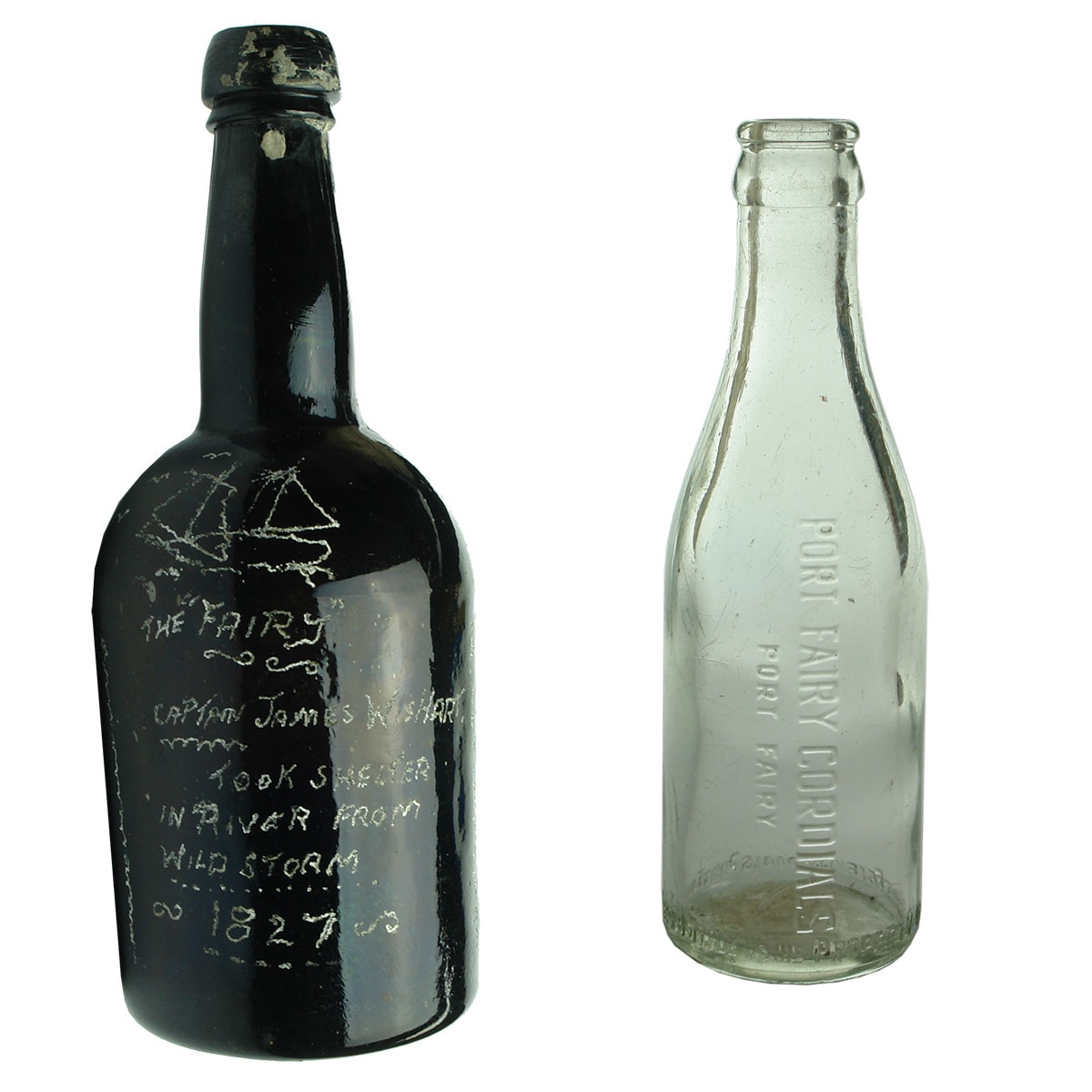 2 Port Fairy related bottles: Plain black with engraved history of Port Fairy. Boat and Whale; Crown Seal. Port Fairy Cordials. Clear. 6 oz. (Victoria)