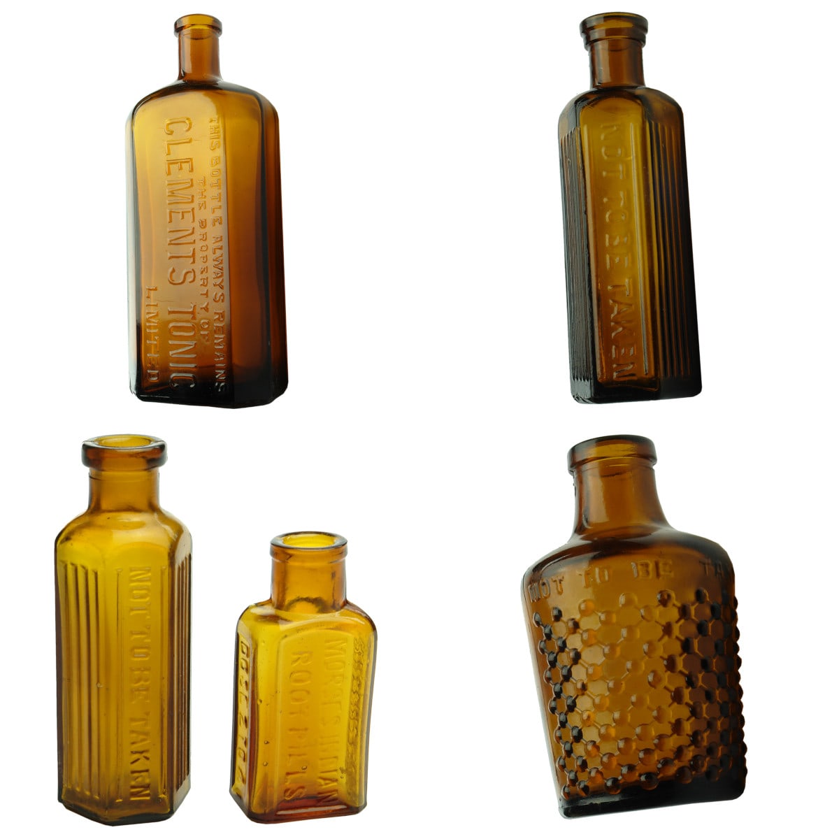5 Amber bottles: Clements Tonic; 2 x Hexagonal NTBT Poisons; Jug Poison and Morses Indian Root Pills.