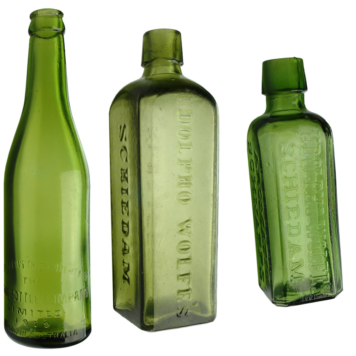 3 Green Bottles: NSW Bottle Company 1919 half size beer; Udolpho Wolfes half szie schnapps; Small Wolfes Schnapps with M. Moss branding.