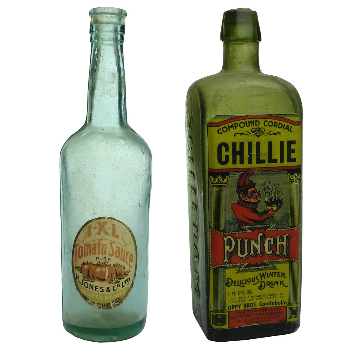 2 Bottles with labels added later: Large Hot Sauce IXL Tomato Sauce H. Jones & Co Ltd; Udolpho Wolfes Schnapps, Oppy Bros Condobolin Chillie Punch.