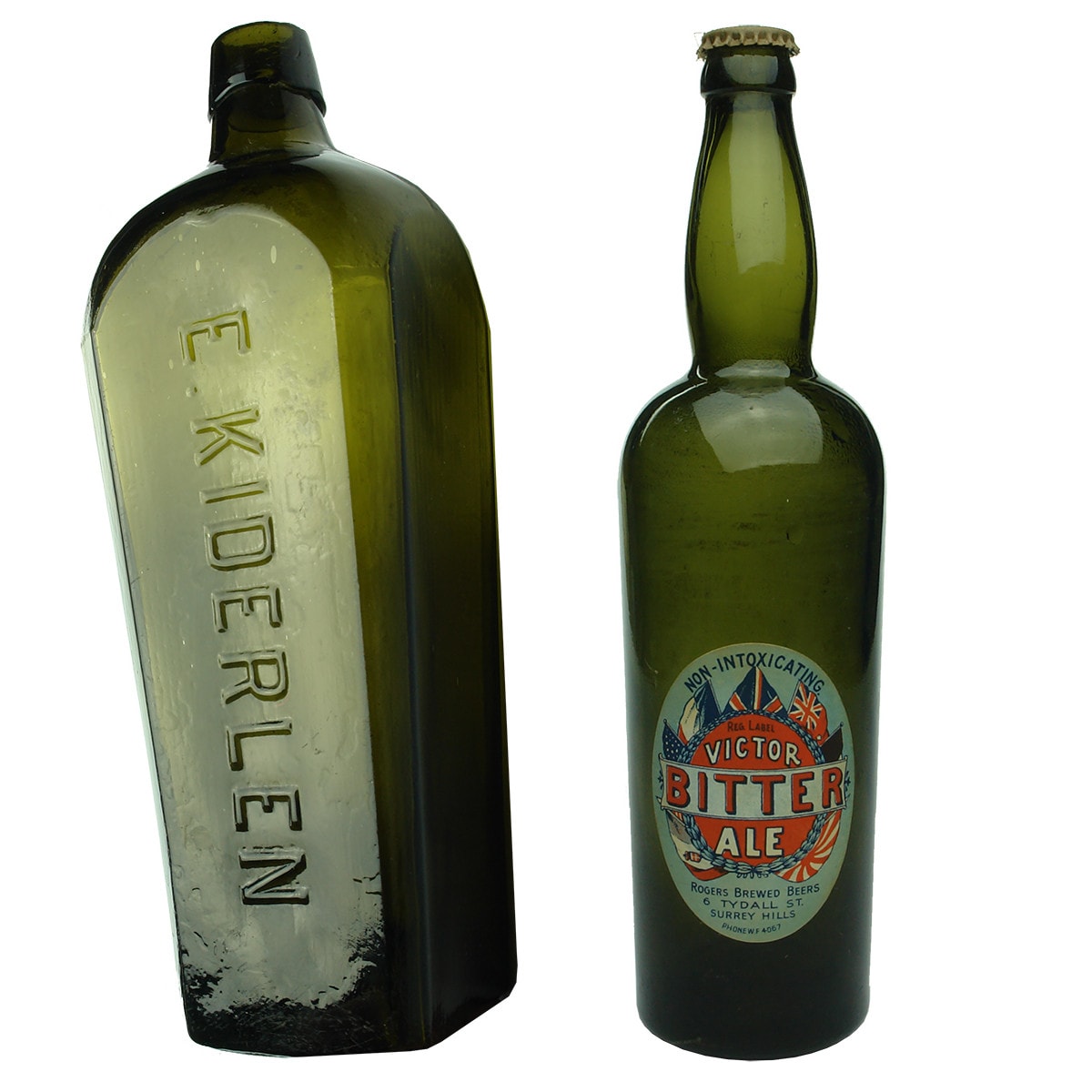 Miscellaneous. 1. E. Kiderlen. Gin. Black. 30 oz. 2. Shouldered crown seal with label for Rogers Brewed Beers, 6 Tydall St., Surrey Hills, Victor Bitter Ale.