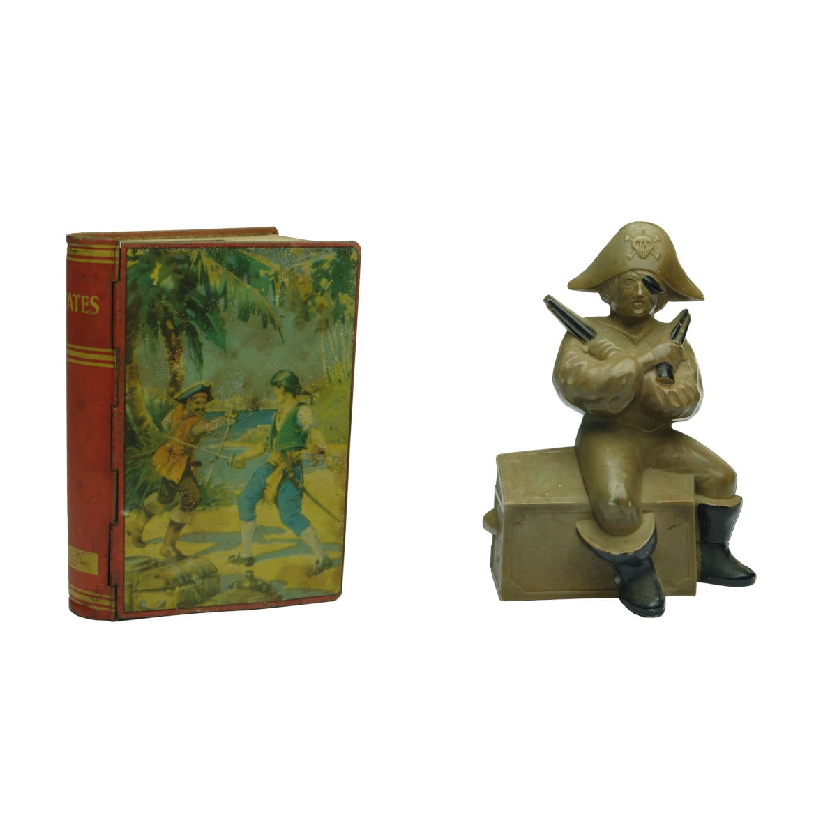 2 Money Boxes. Tin, Book Shaped Money Box, Pirates, "Chad Valley", Harborne, Made in England, No. 10064. (United Kingdom) Plastic Pirate Guarding His Chest Money Box.