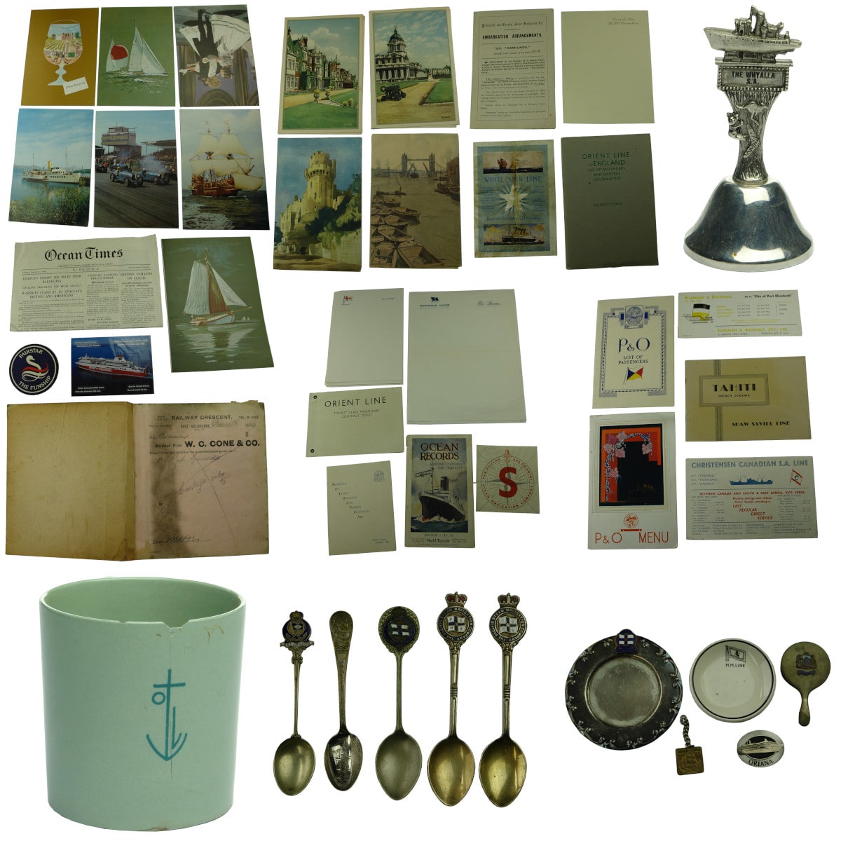 Massive Shipping Ephemera & More Lot: 6 Pacific Princess menus; Cards & Menus from P & O, Strathnaver, Himalaya; Safmarine letterheads and more; Cunard; Cone & Co; Spoons; Tray; Orient Line Cup; The Whyalla.