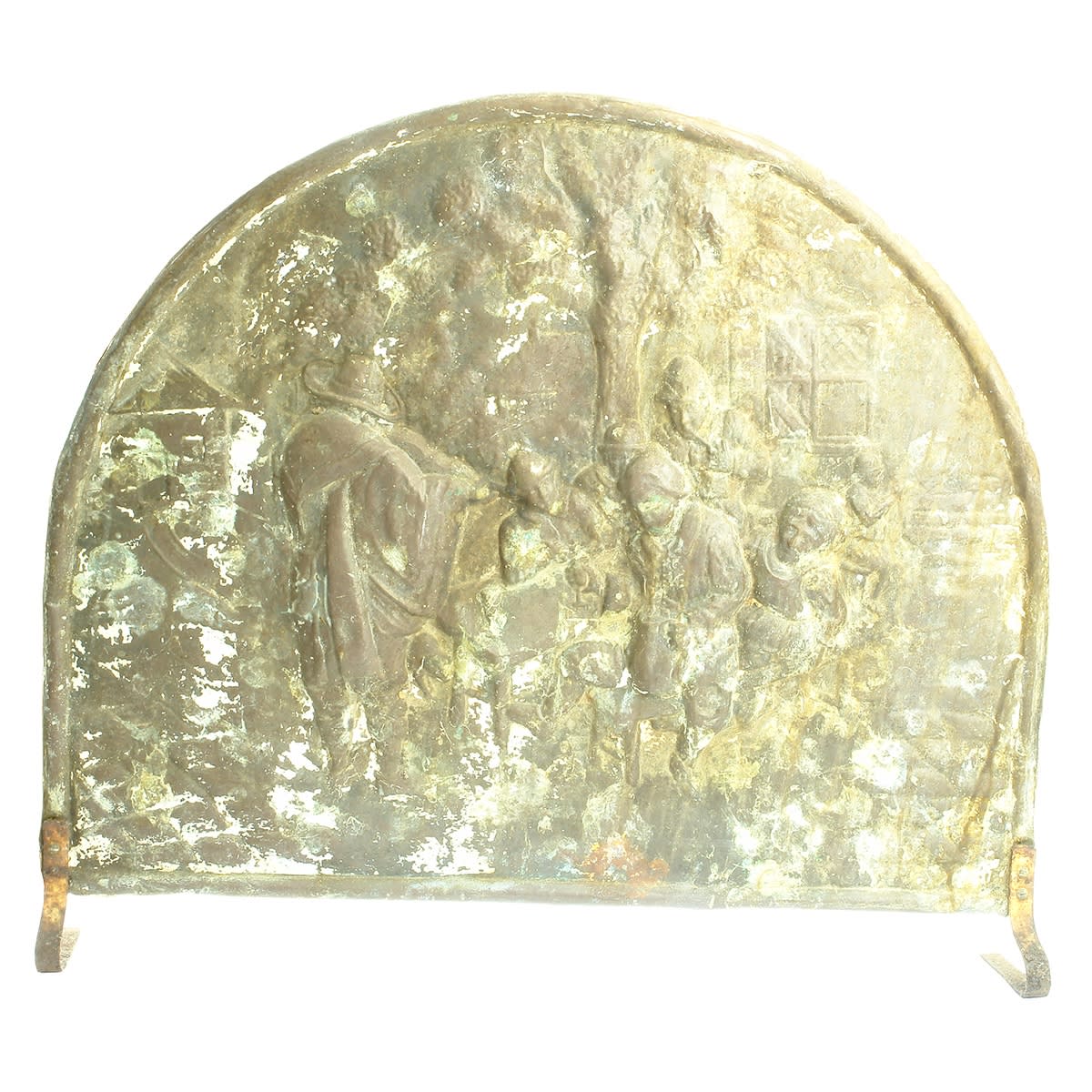 Metalware. Copper Fire Screen with detailed scene of a jovial get together including a man playing violin.